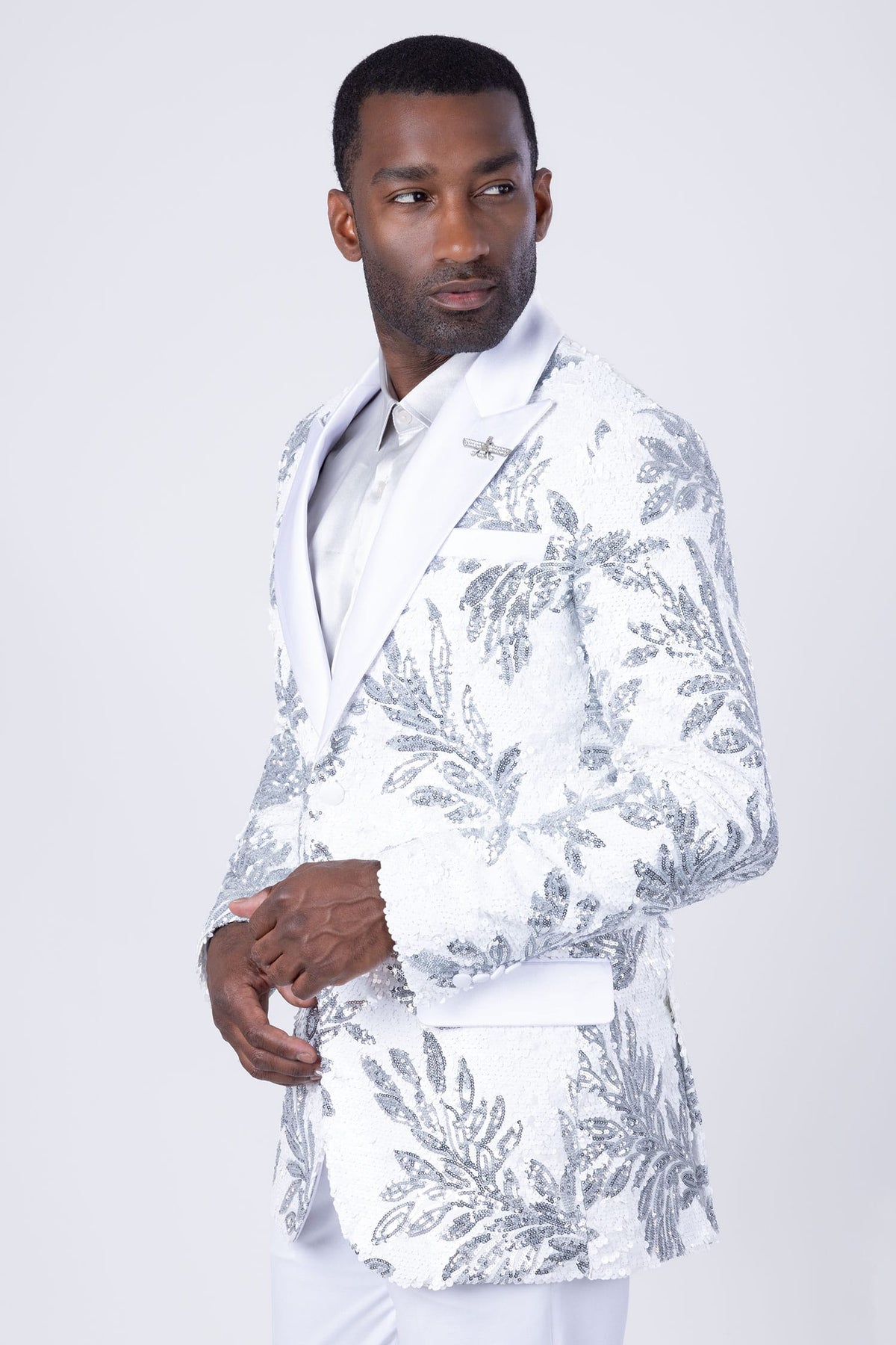 BARABAS Men's Floral Baroque Sequins Luxury Prom Blazer 4BL39 #Color_White Silver