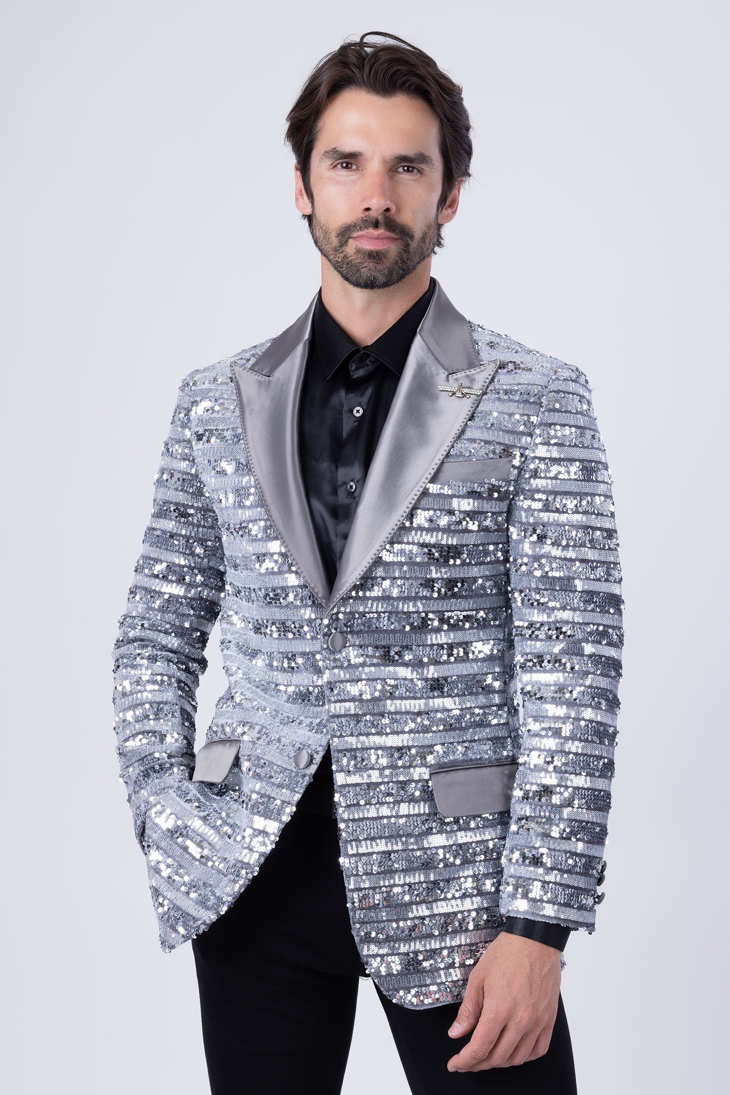 Barabas Men's Shiny Sequin Pattern Long Sleeve Blazer 4BL42 Silver