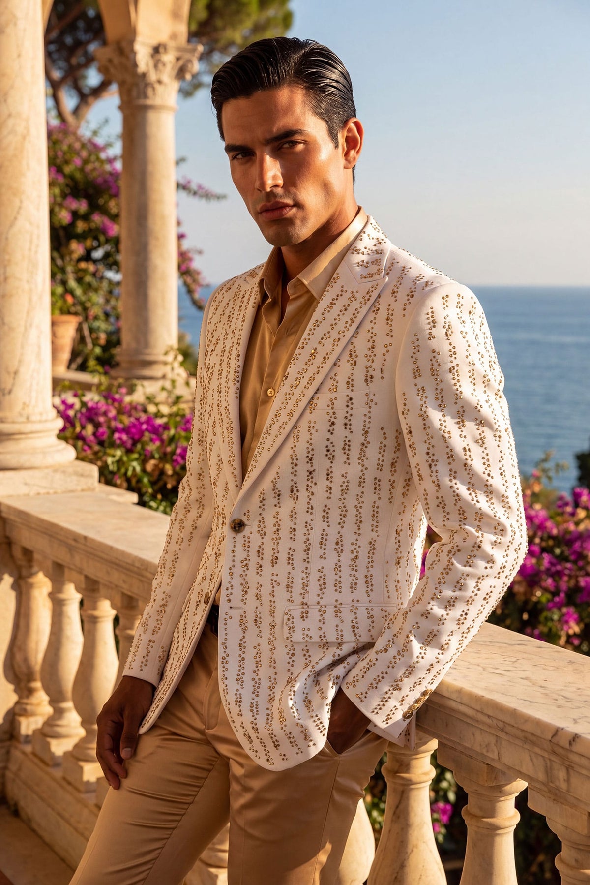 Barabas Men's Linear Rhinestone Design Peak Lapel Blazer 4BLR60 Light Gold