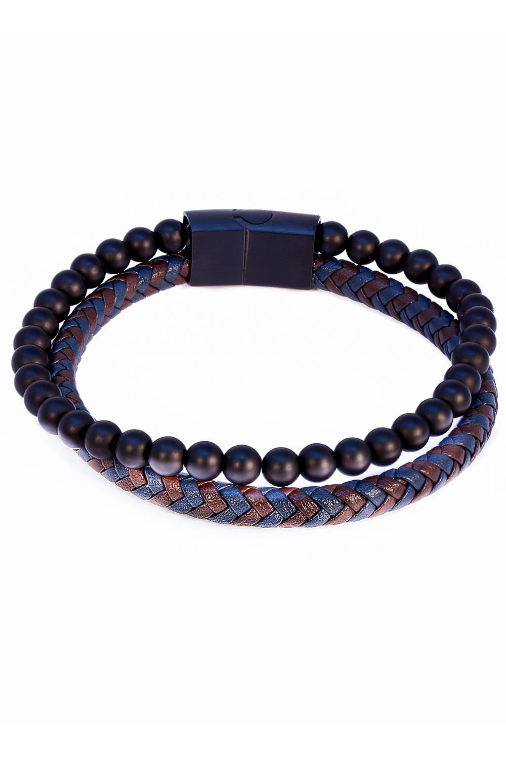 Barabas Unisex Two Color Braided Leather Beaded Bangle Bracelets 4BMS09 #Color_Coffee Navy Black