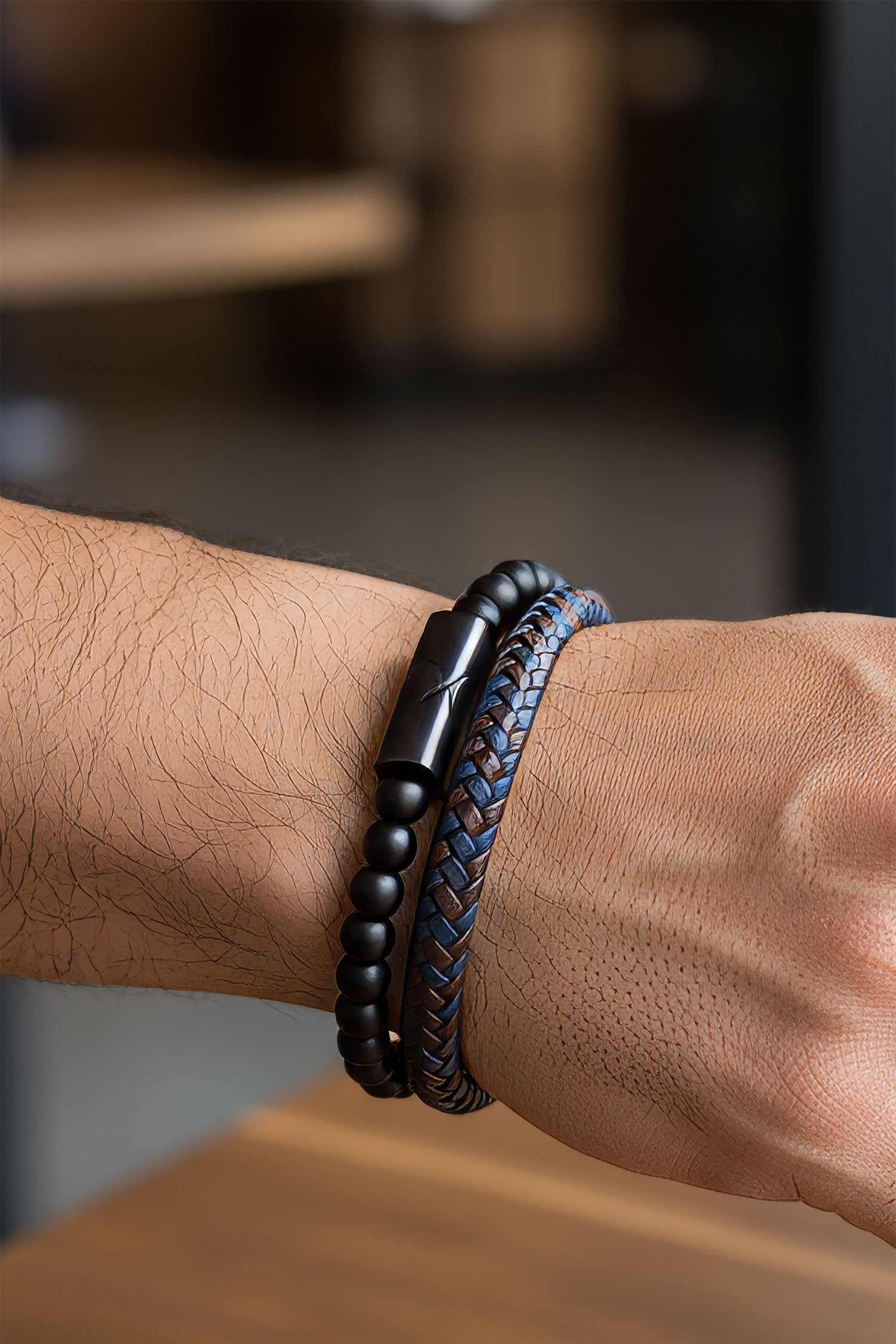 Barabas Unisex Two Color Braided Leather Beaded Bangle Bracelets 4BMS09 Coffee Navy Black