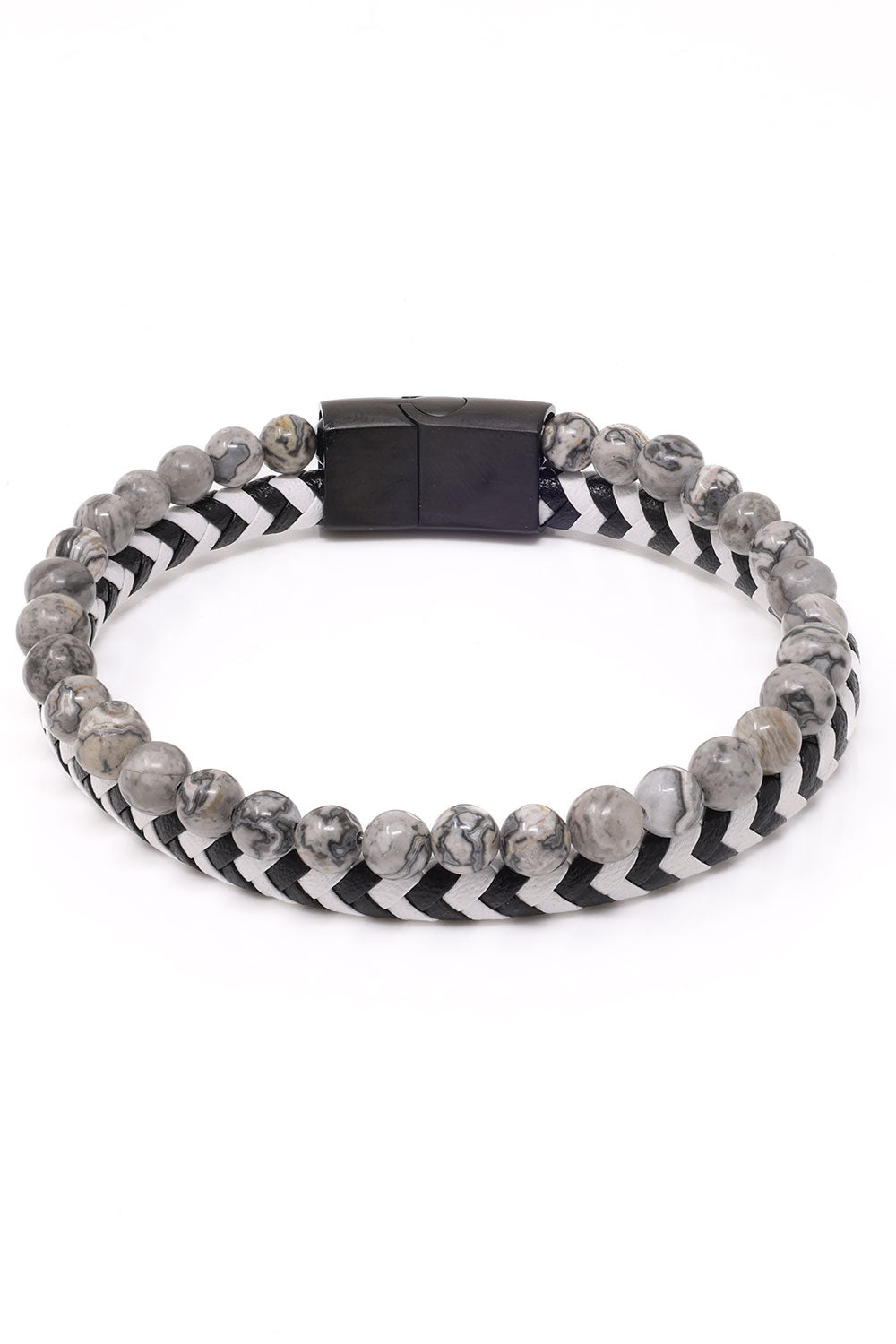Barabas Unisex Two Color Braided Leather Beaded Bangle Bracelets 4BMS09 White Black Gray