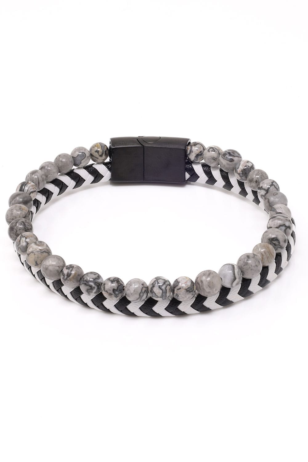 Barabas Unisex Two Color Braided Leather Beaded Bangle Bracelets 4BMS09 #Color_White Black Grey