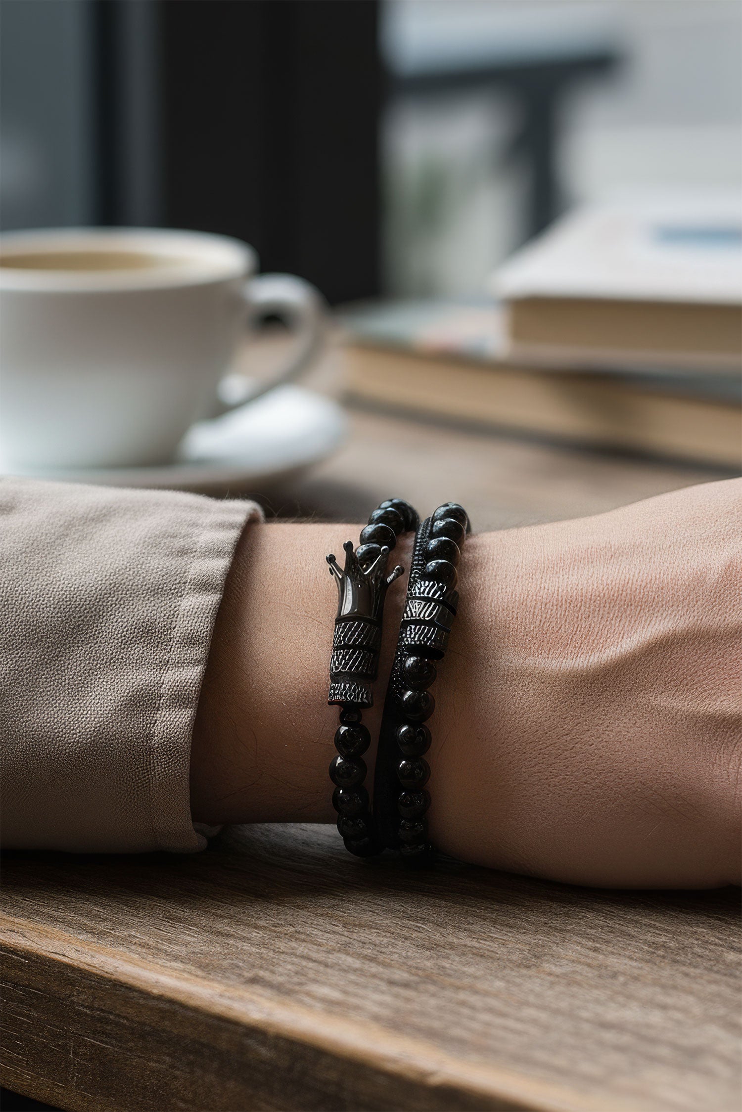 Barabas Unisex Obsidian Stone Braided Rope Crown Bracelets 4BMS13 Black