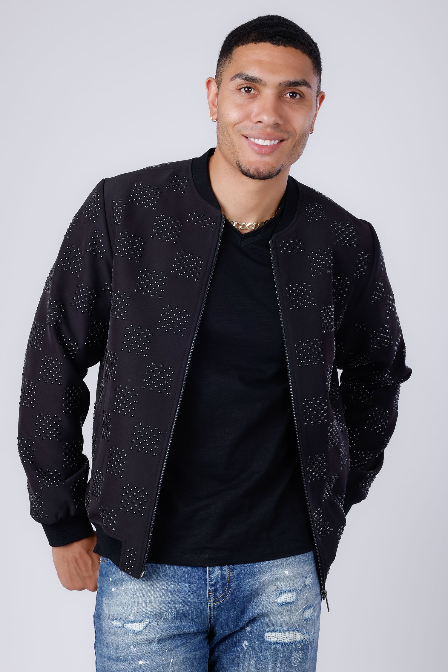 Barabas Men's Zipper Closure Checkered Bomber Jacket 4BPR34 Black