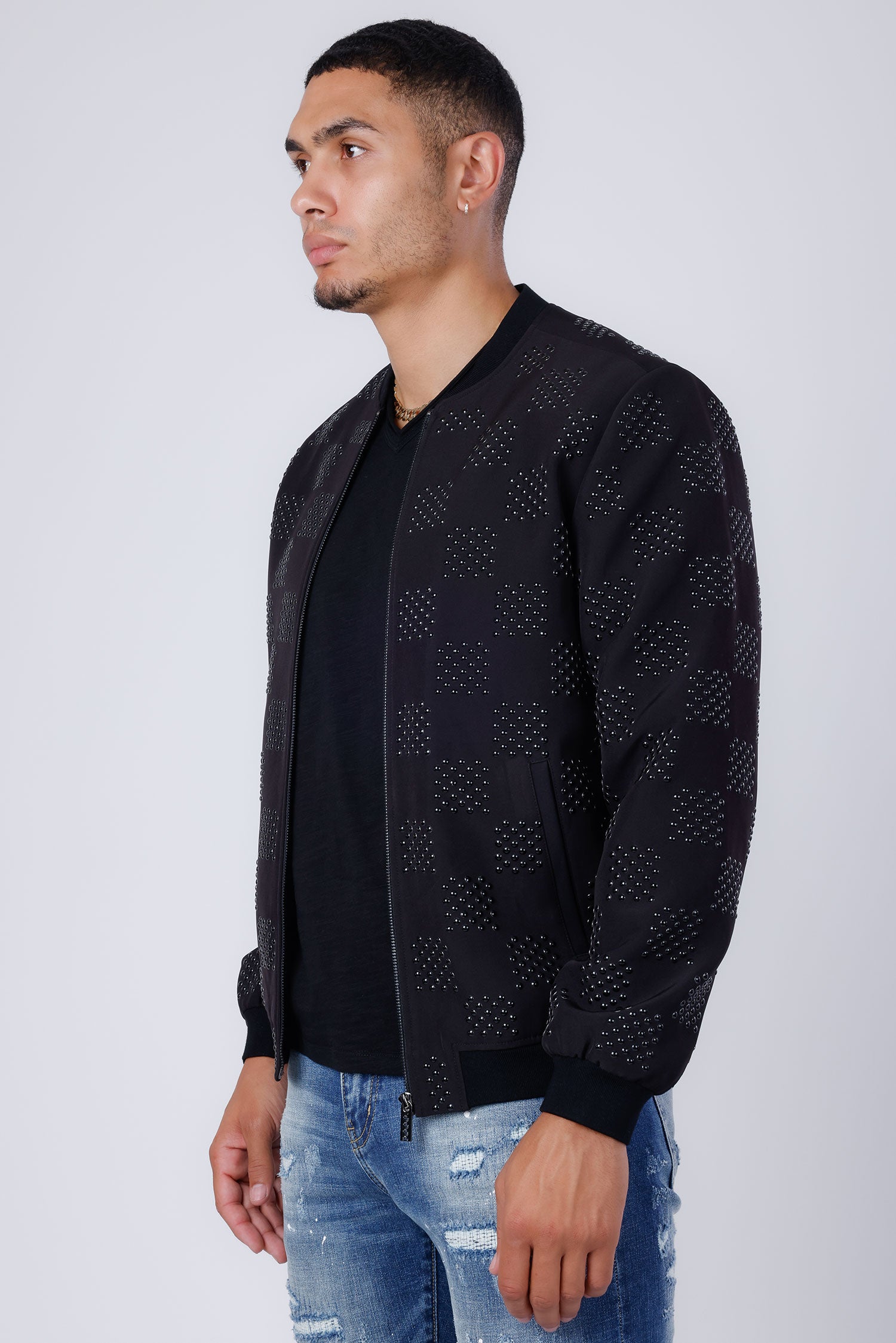 Barabas Men's Zipper Closure Checkered Bomber Jacket 4BPR34 Black