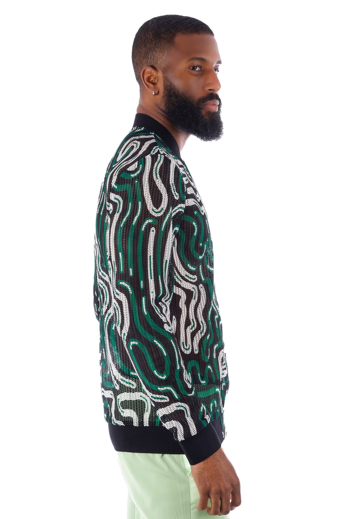 Barabas Men's Geometric See Through Stretch Bomber Jacket 4BPS05 #Color_Black Green