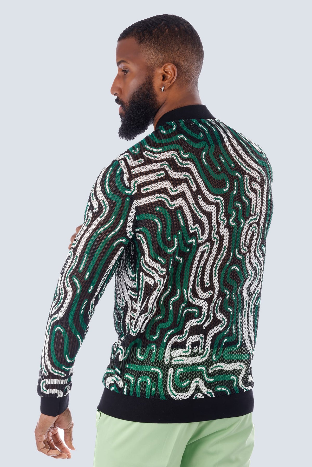 Barabas Men's Geometric See Through Stretch Bomber Jacket 4BPS05 #Color_Black Green