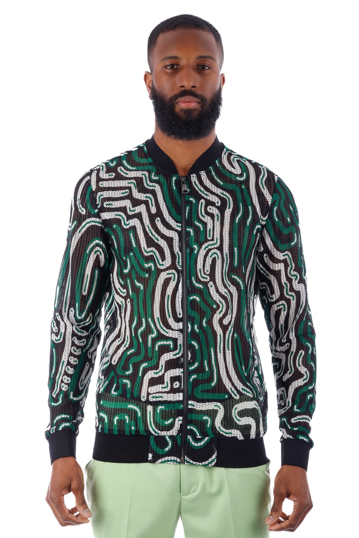 Barabas Men's Geometric See Through Stretch Bomber Jacket 4BPS05 #Color_Black Green