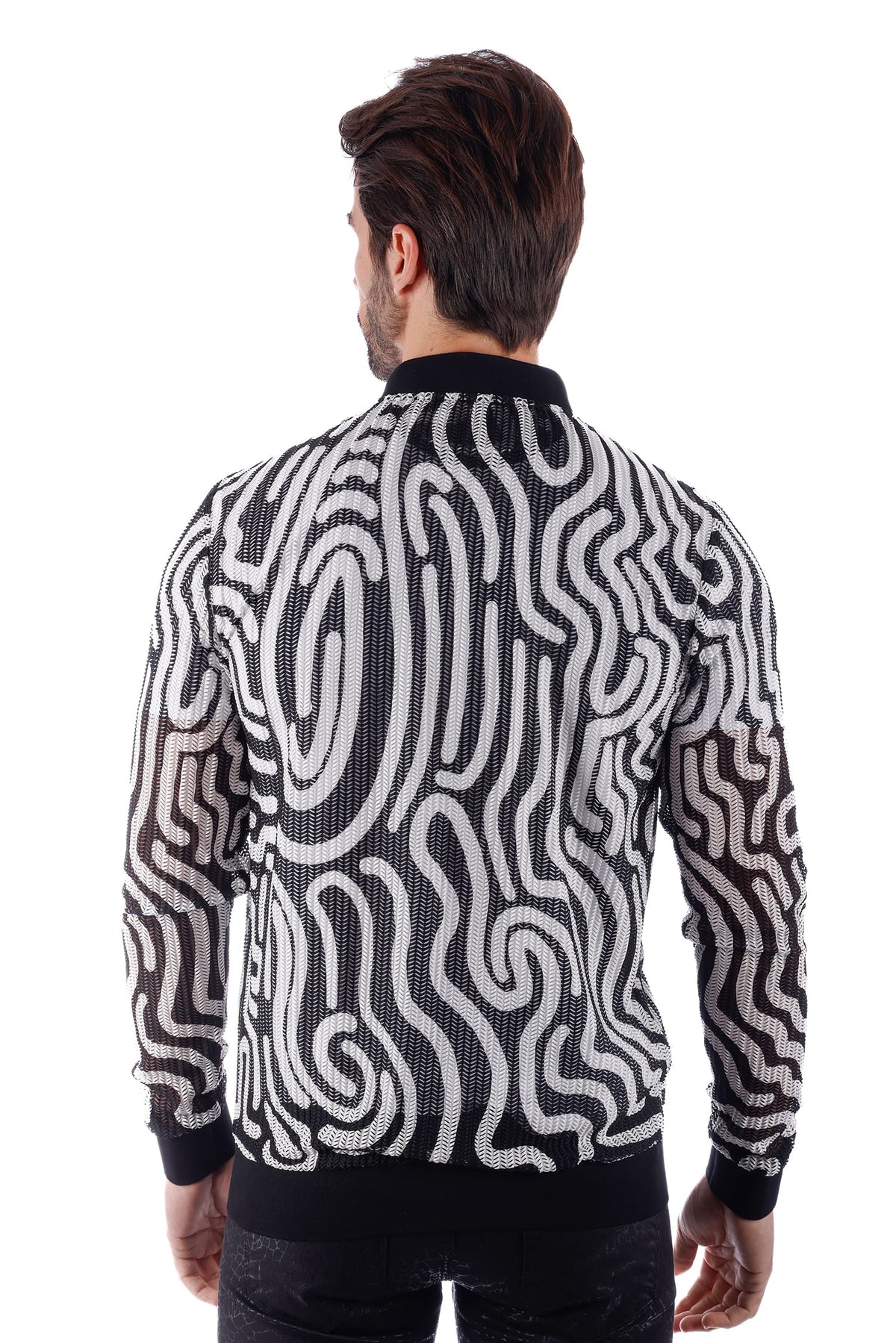 Barabas Men's Geometric See Through Stretch Bomber Jacket 4BPS05 #Color_Black White