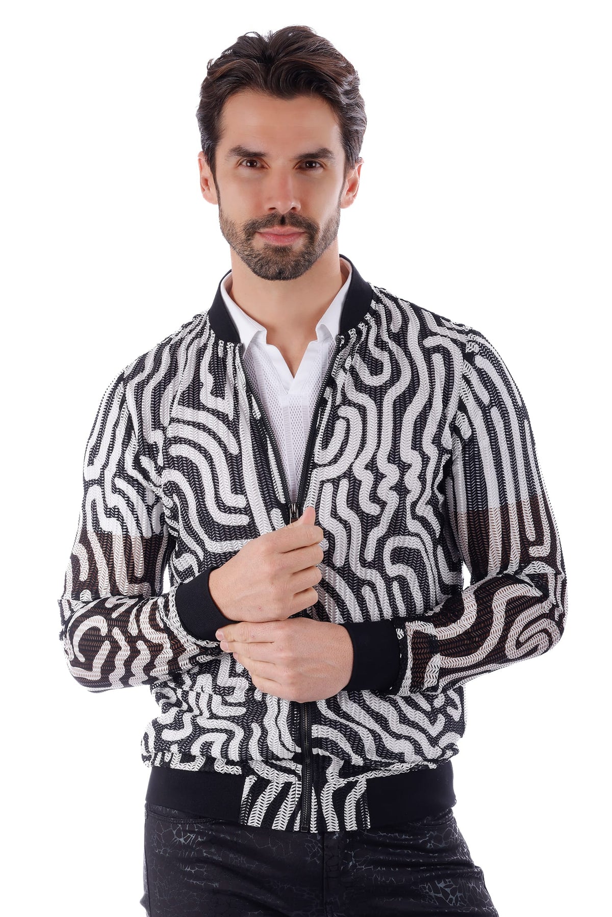 Barabas Men's Geometric See Through Stretch Bomber Jacket 4BPS05 #Color_Black White