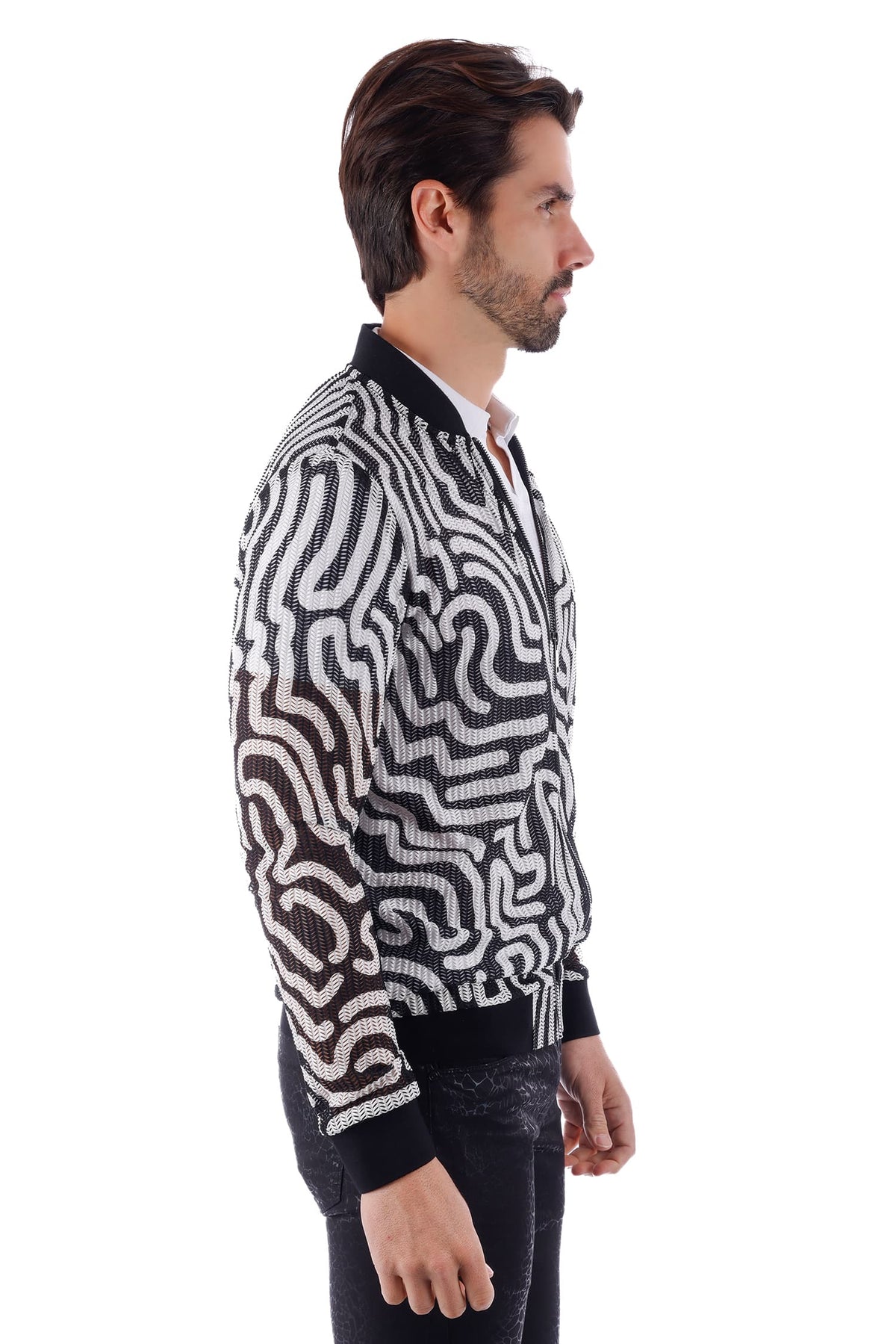 Barabas Men's Geometric See Through Stretch Bomber Jacket 4BPS05 #Color_Black White