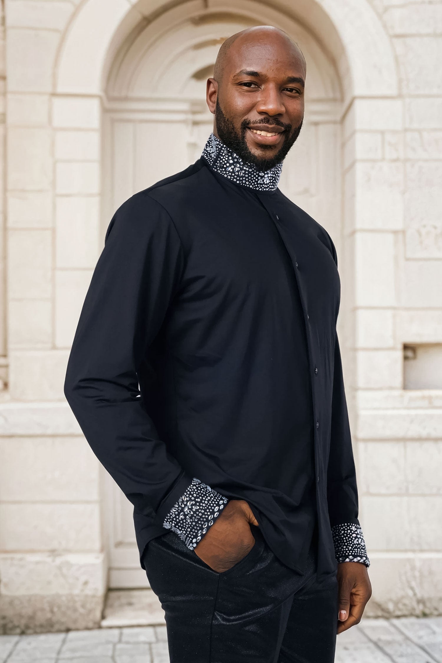 Barabas Men's Turtleneck Rhinestones Collar Long Sleeve Shirts 4BR411 Black Silver