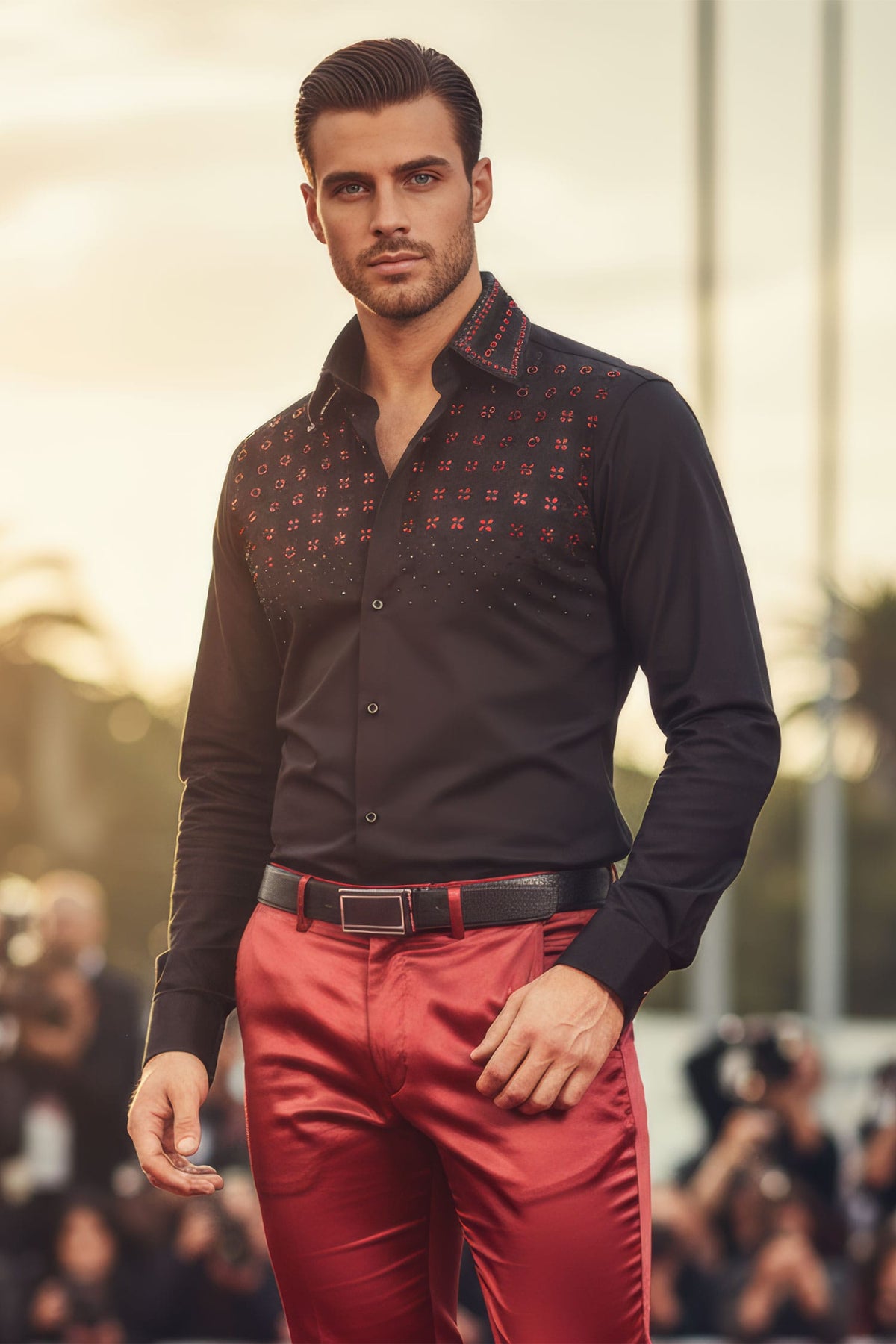 Barabas Men's Rhinestones Button Down Long Sleeve Shirts 4BR412 Black Red