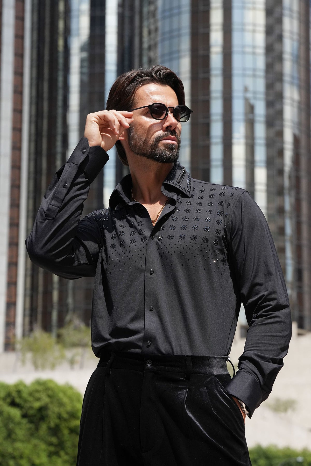 Barabas Men's Rhinestones Button Down Long Sleeve Shirts 4BR412 Black