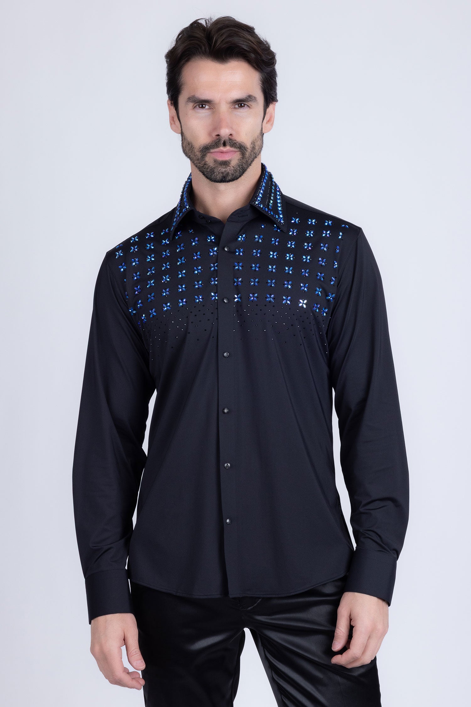 Barabas Men's Rhinestones Button Down Long Sleeve Shirts 4BR412 Black Blue