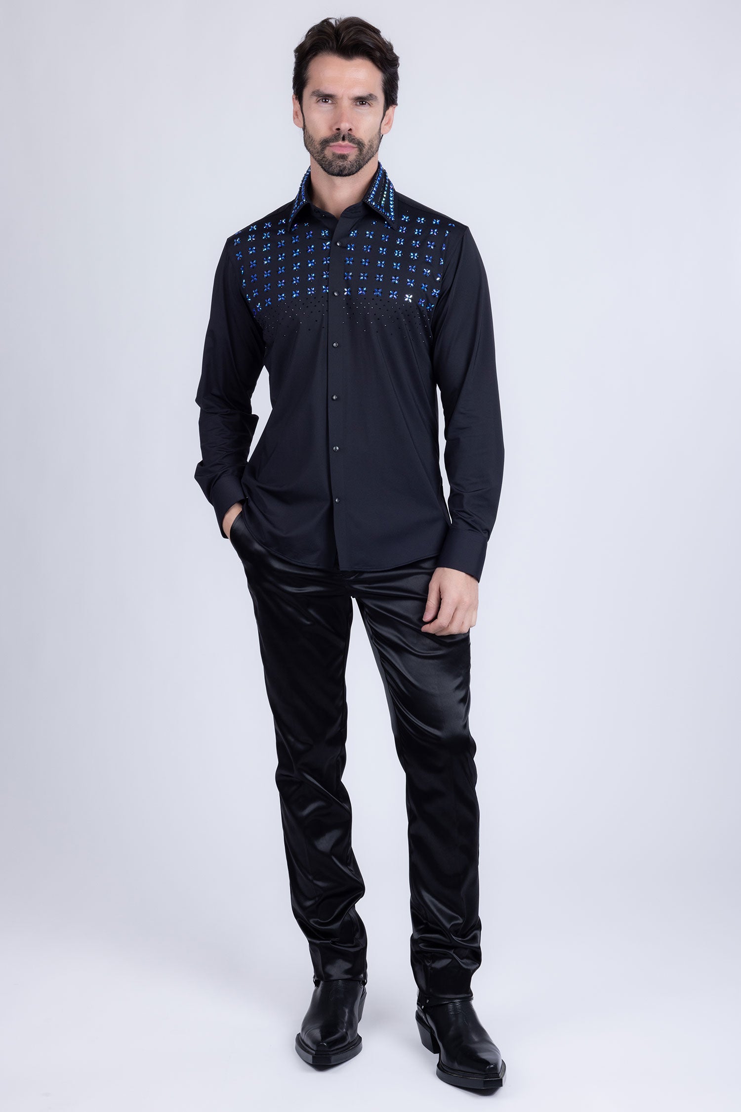 Barabas Men's Rhinestones Button Down Long Sleeve Shirts 4BR412 Black Blue