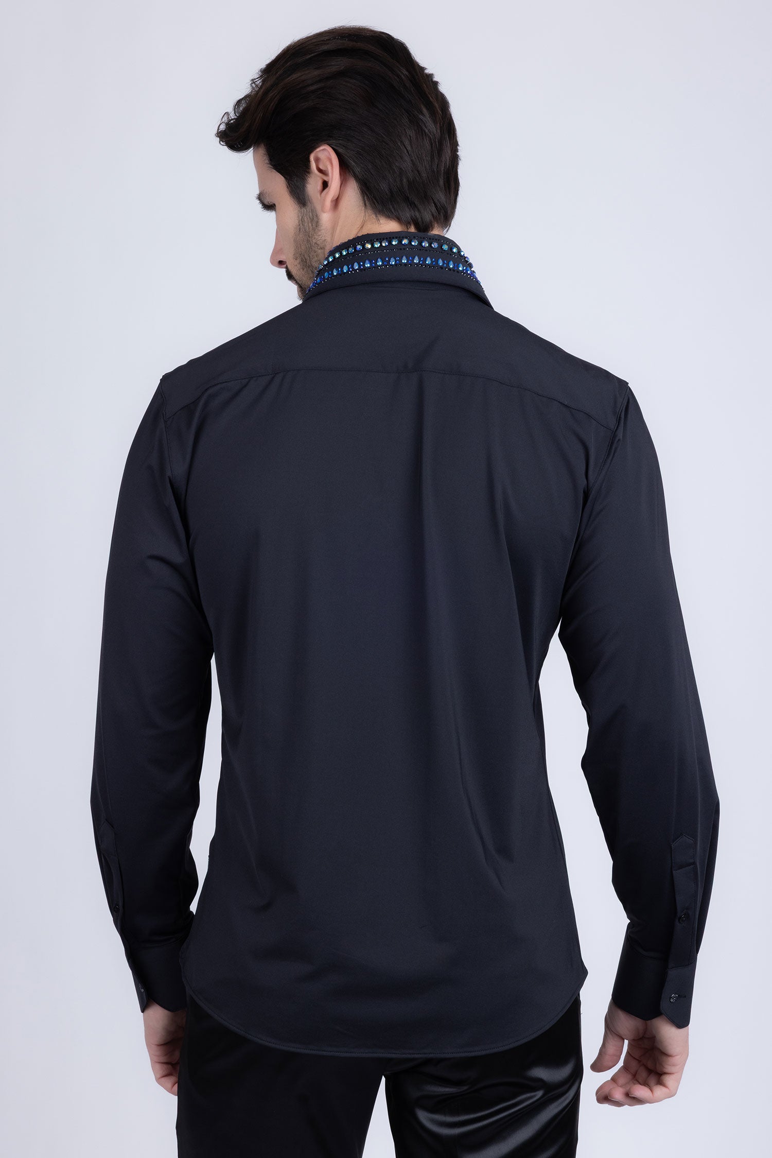 Barabas Men's Rhinestones Button Down Long Sleeve Shirts 4BR412 Black Blue