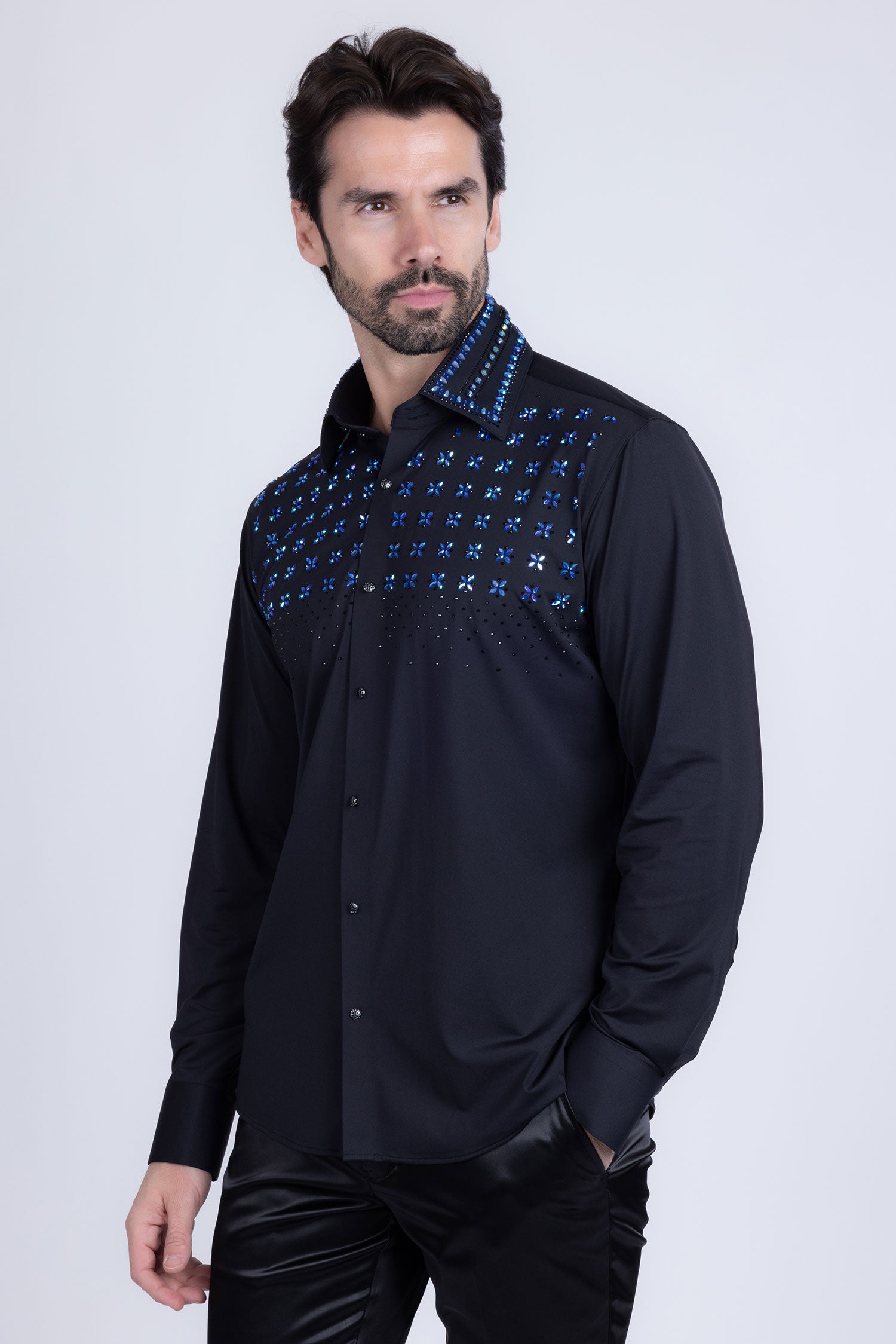 Barabas Men's Rhinestones Button Down Long Sleeve Shirts 4BR412 Black Blue