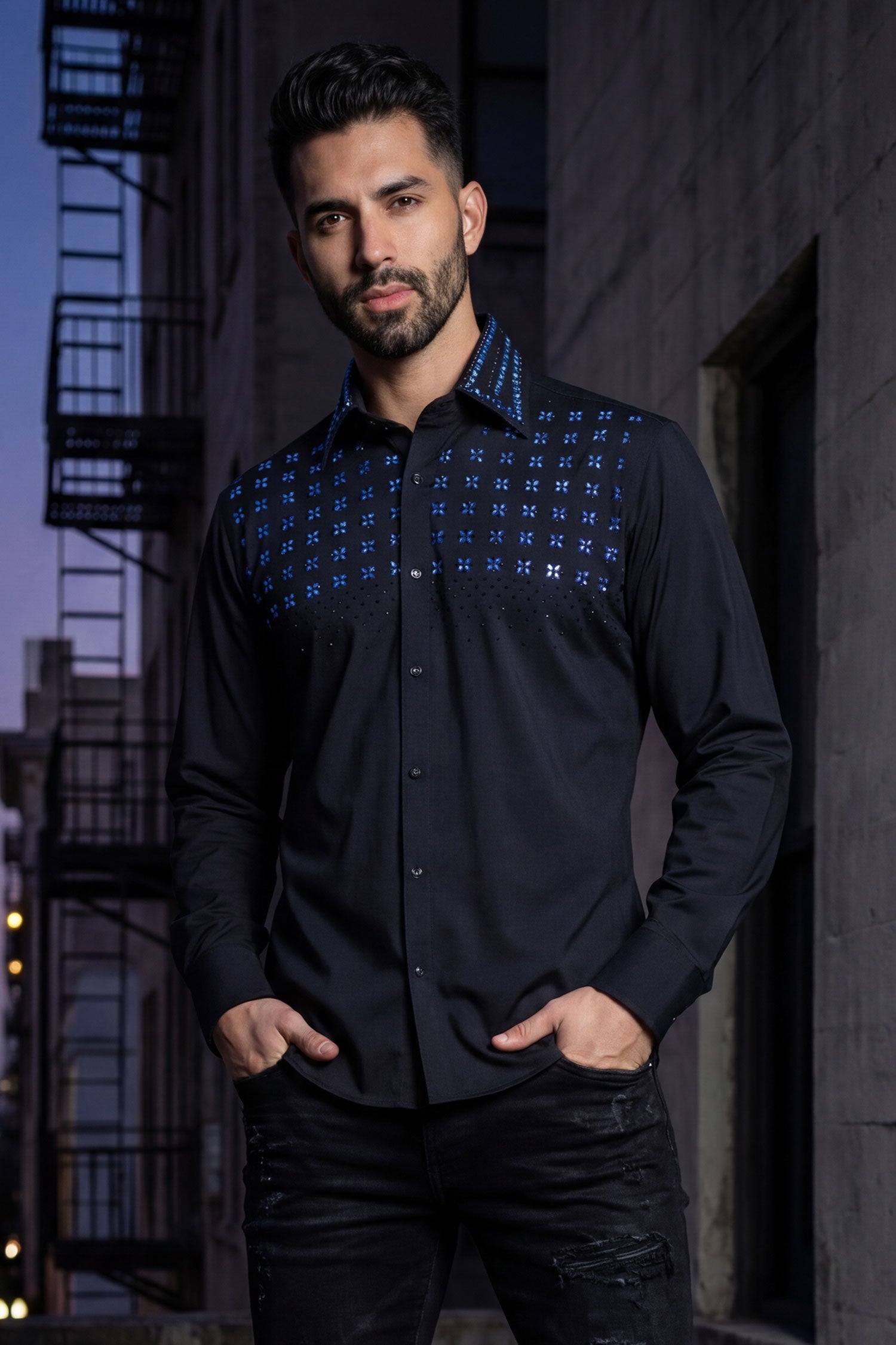 Barabas Men's Rhinestones Button Down Long Sleeve Shirts 4BR412 Black Blue