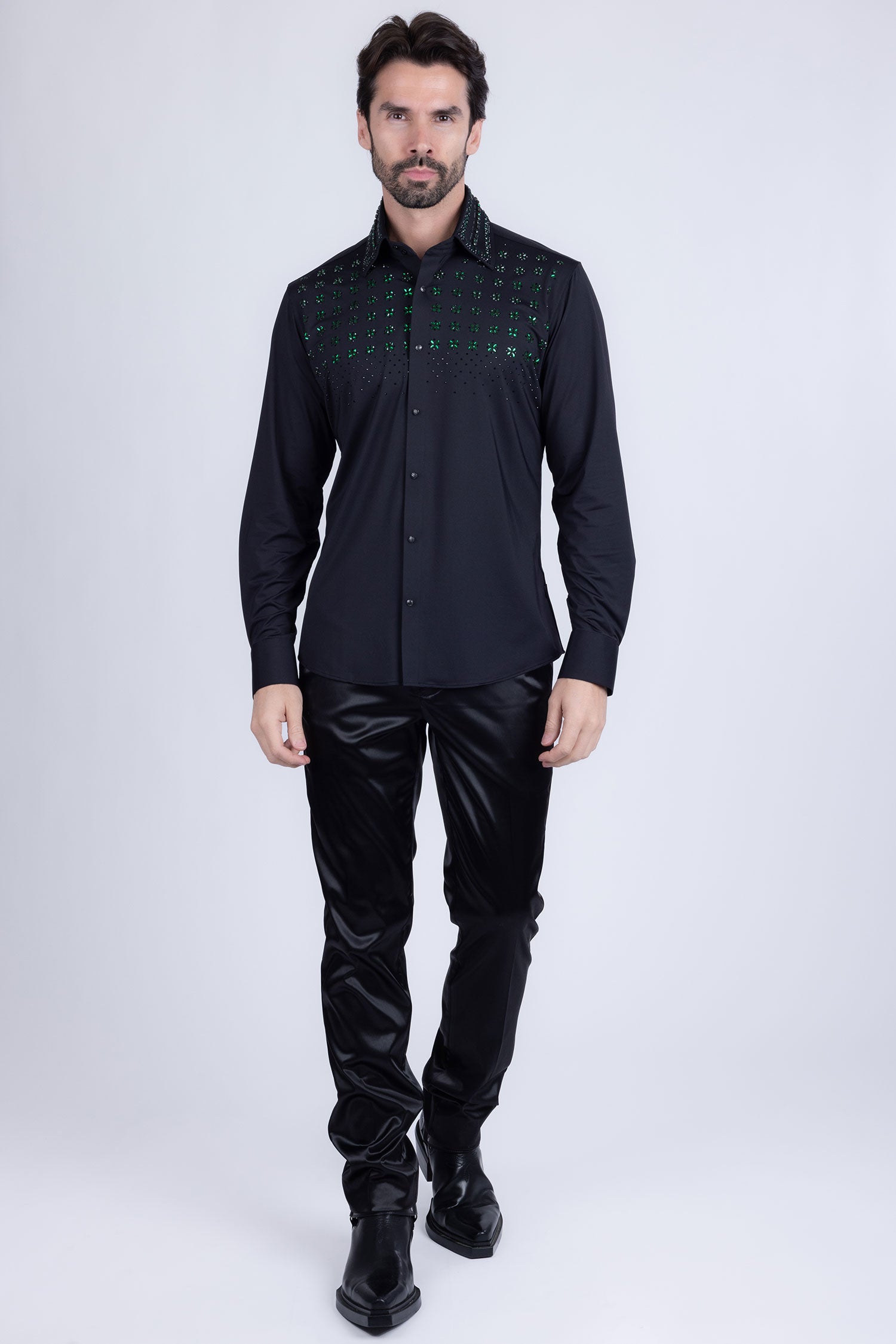 Barabas Men's Rhinestones Button Down Long Sleeve Shirts 4BR412 Black Green