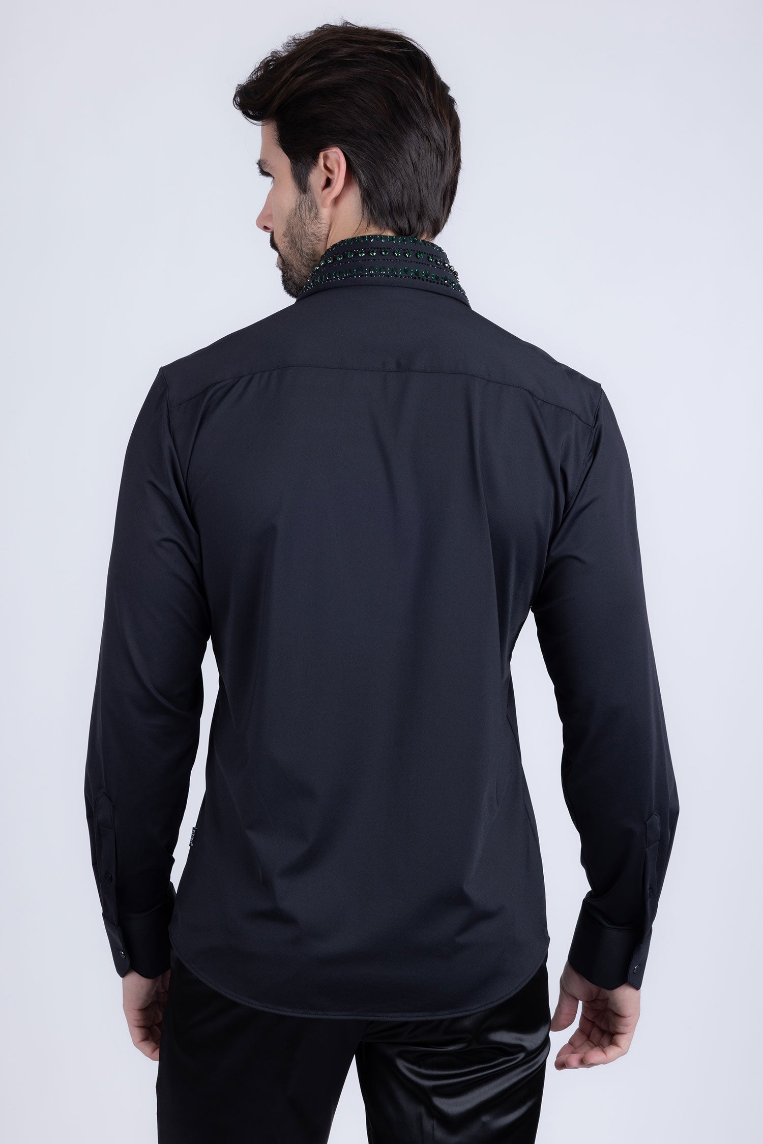 Barabas Men's Rhinestones Button Down Long Sleeve Shirts 4BR412 Black Green