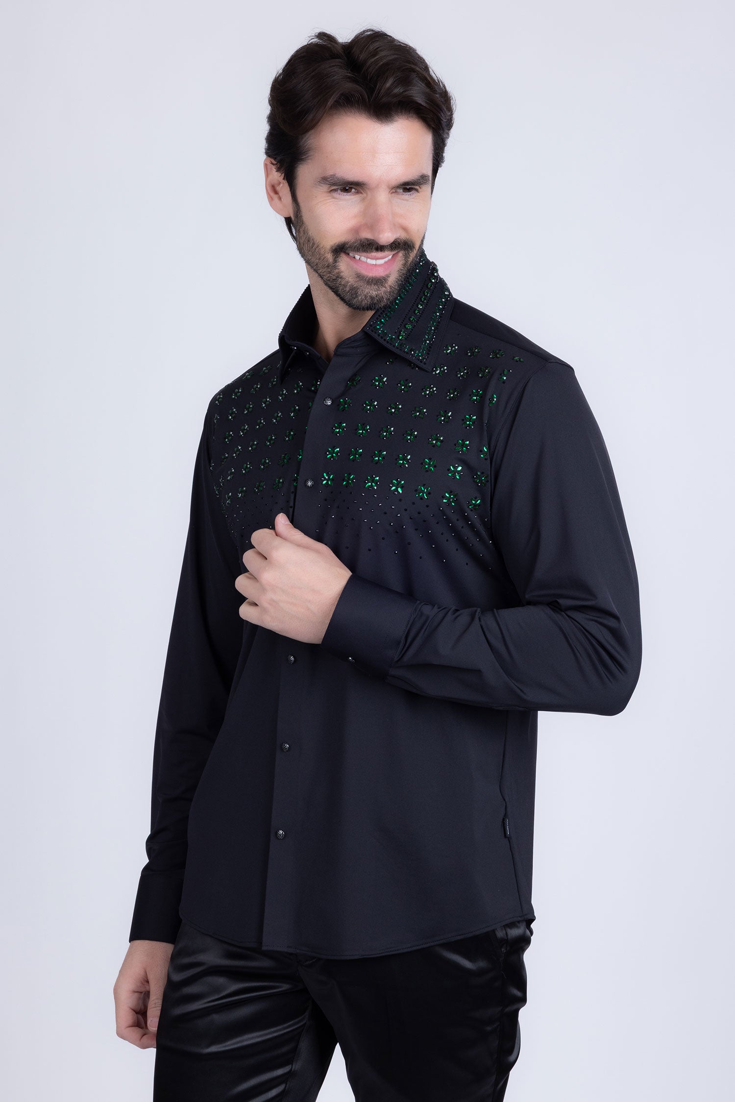 Barabas Men's Rhinestones Button Down Long Sleeve Shirts 4BR412 Black Green