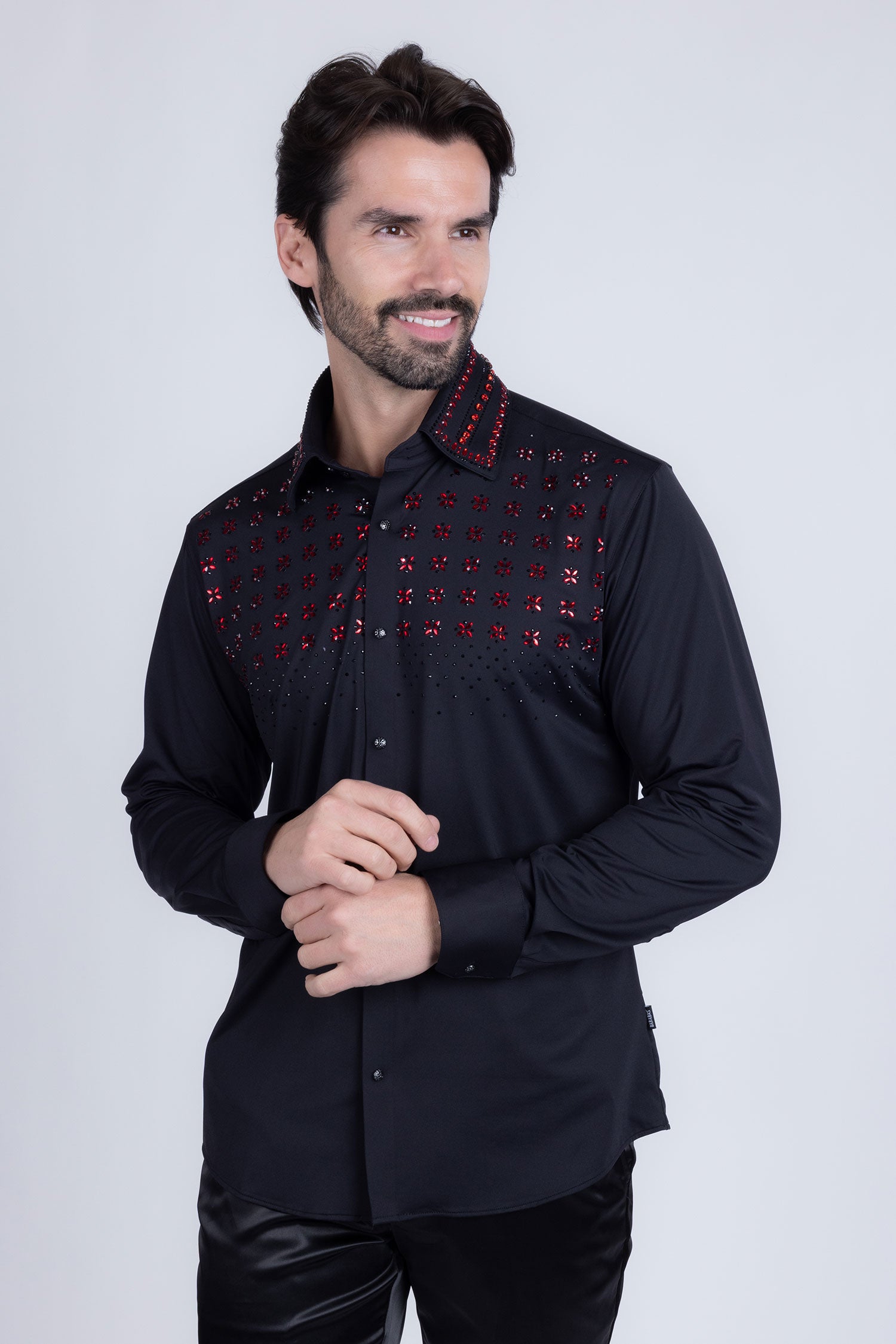 Barabas Men's Rhinestones Button Down Long Sleeve Shirts 4BR412 Black Red