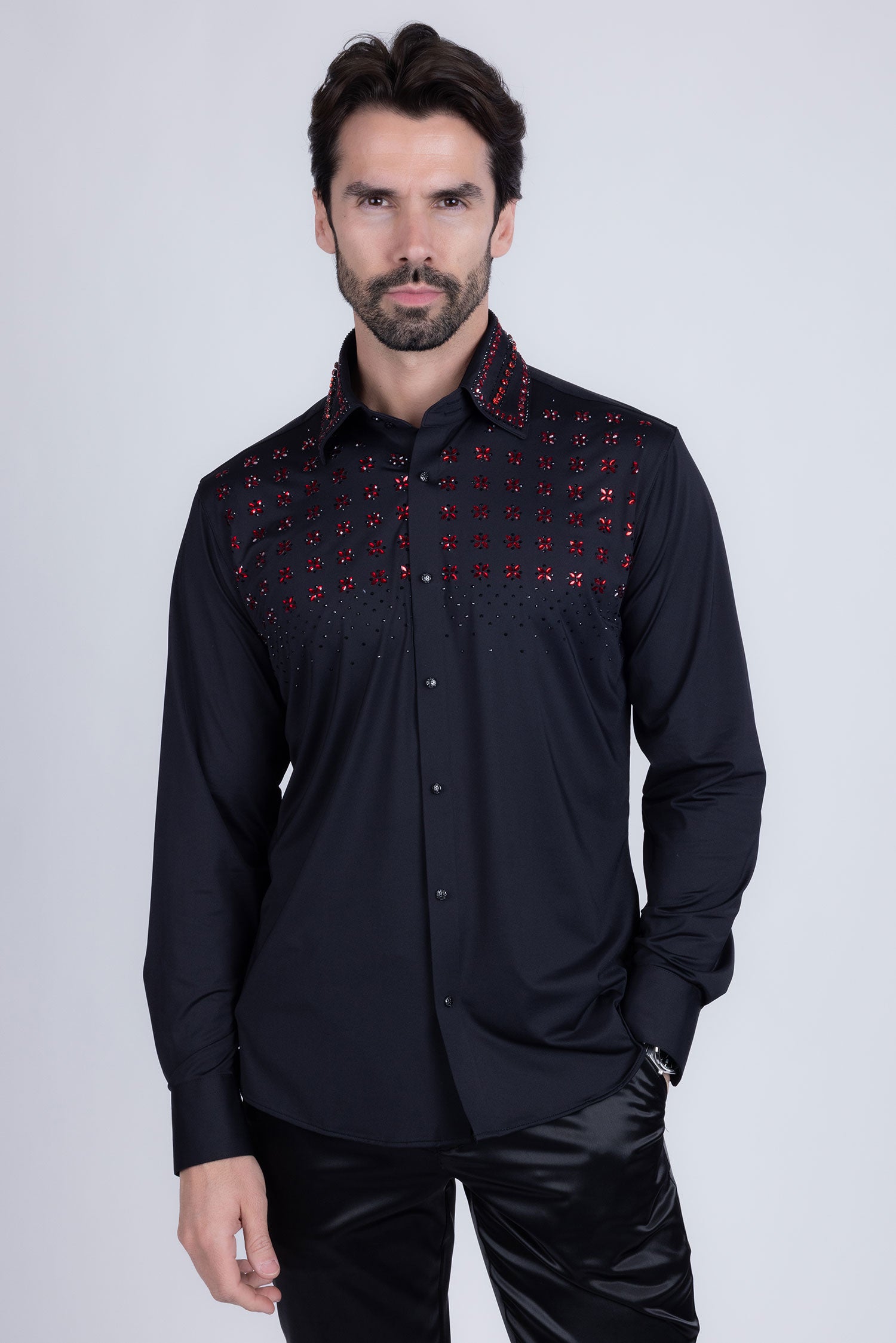 Barabas Men's Rhinestones Button Down Long Sleeve Shirts 4BR412 Black Red