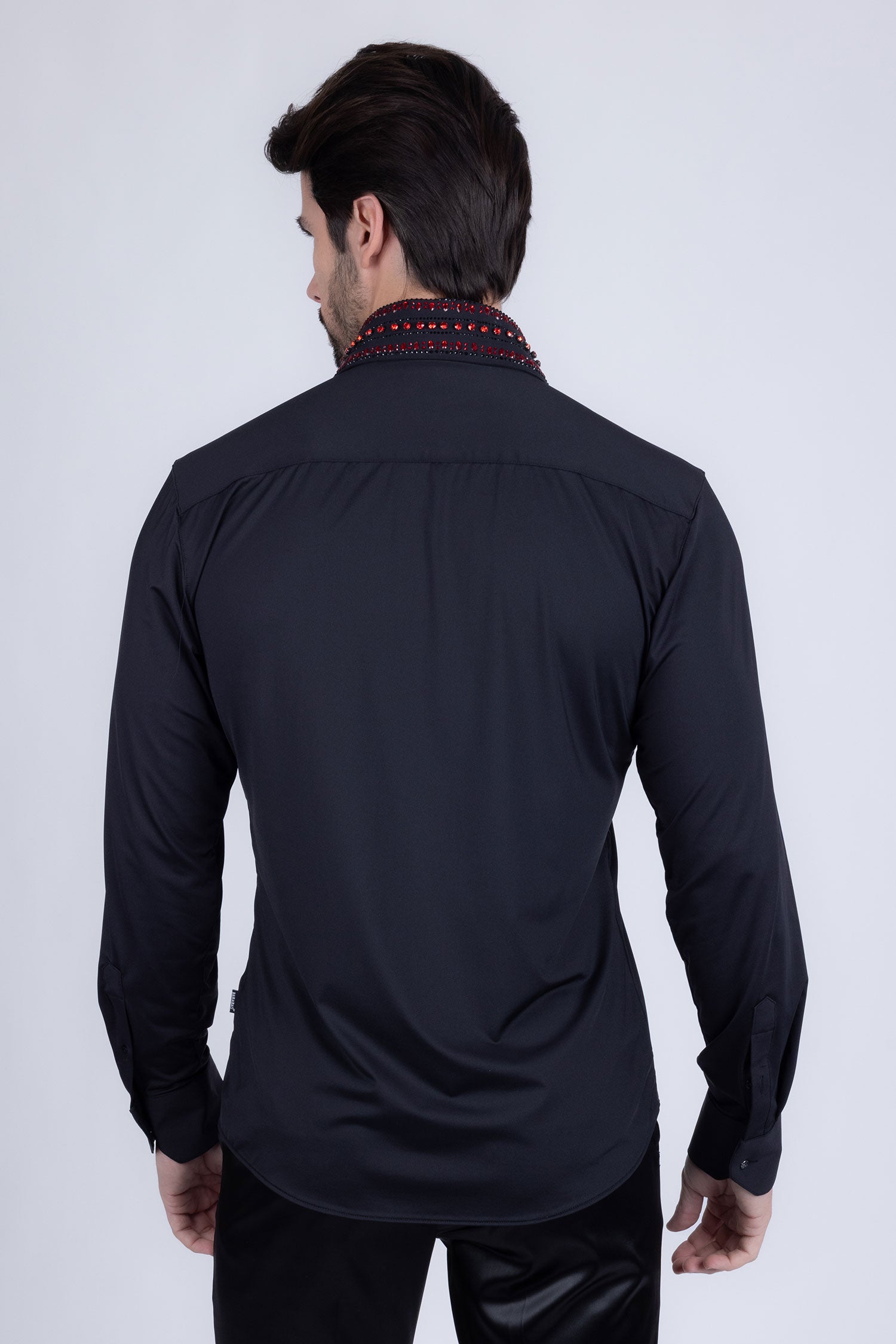 Barabas Men's Rhinestones Button Down Long Sleeve Shirts 4BR412 Black Red