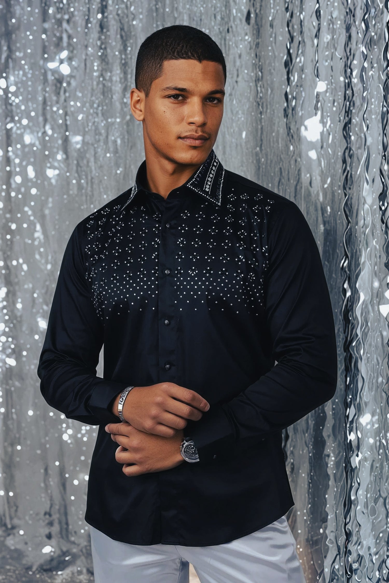 Barabas Men's Rhinestones Button Down Long Sleeve Shirts 4BR412 Silver