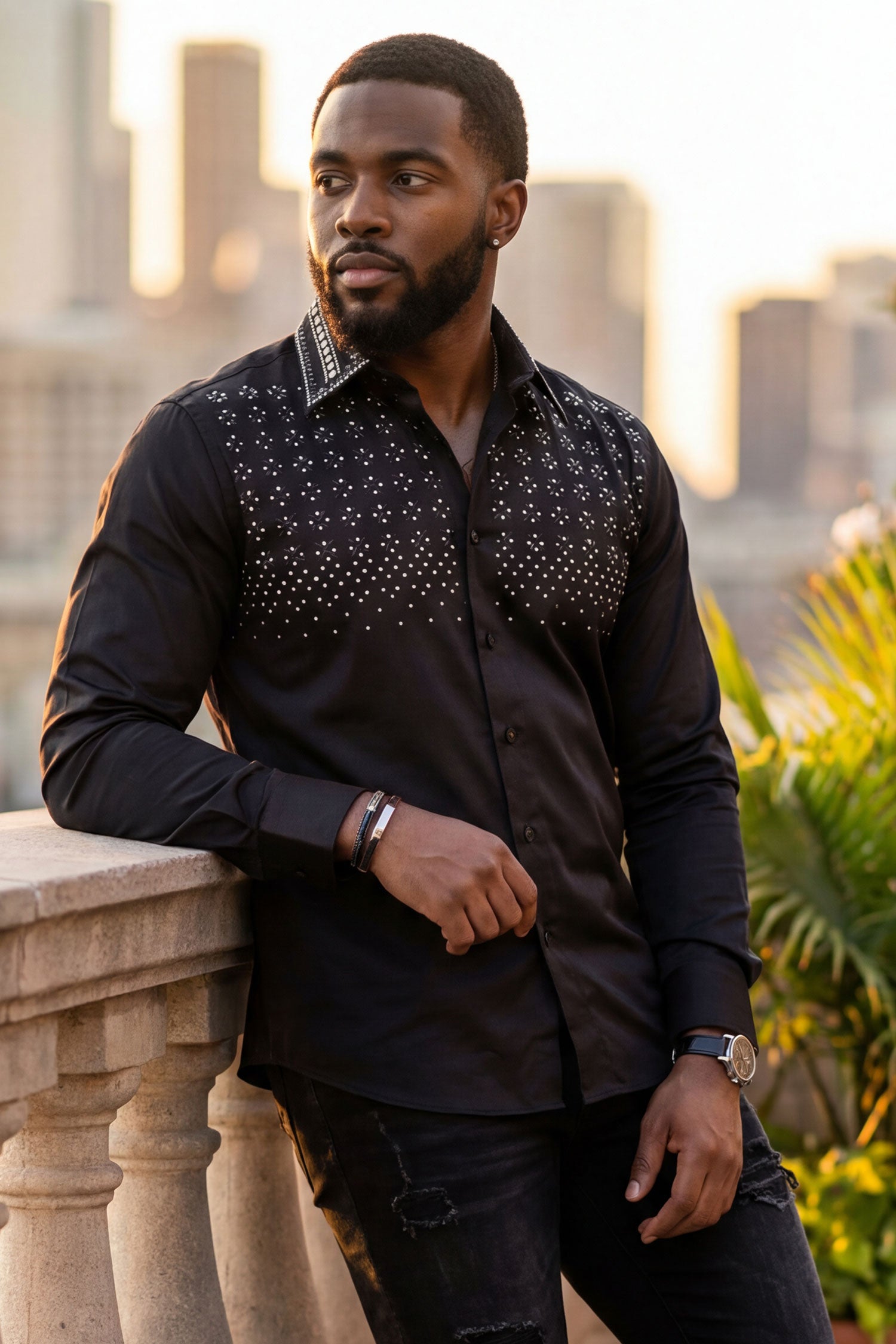 Barabas Men's Rhinestones Button Down Long Sleeve Shirts 4BR412 Black Silver