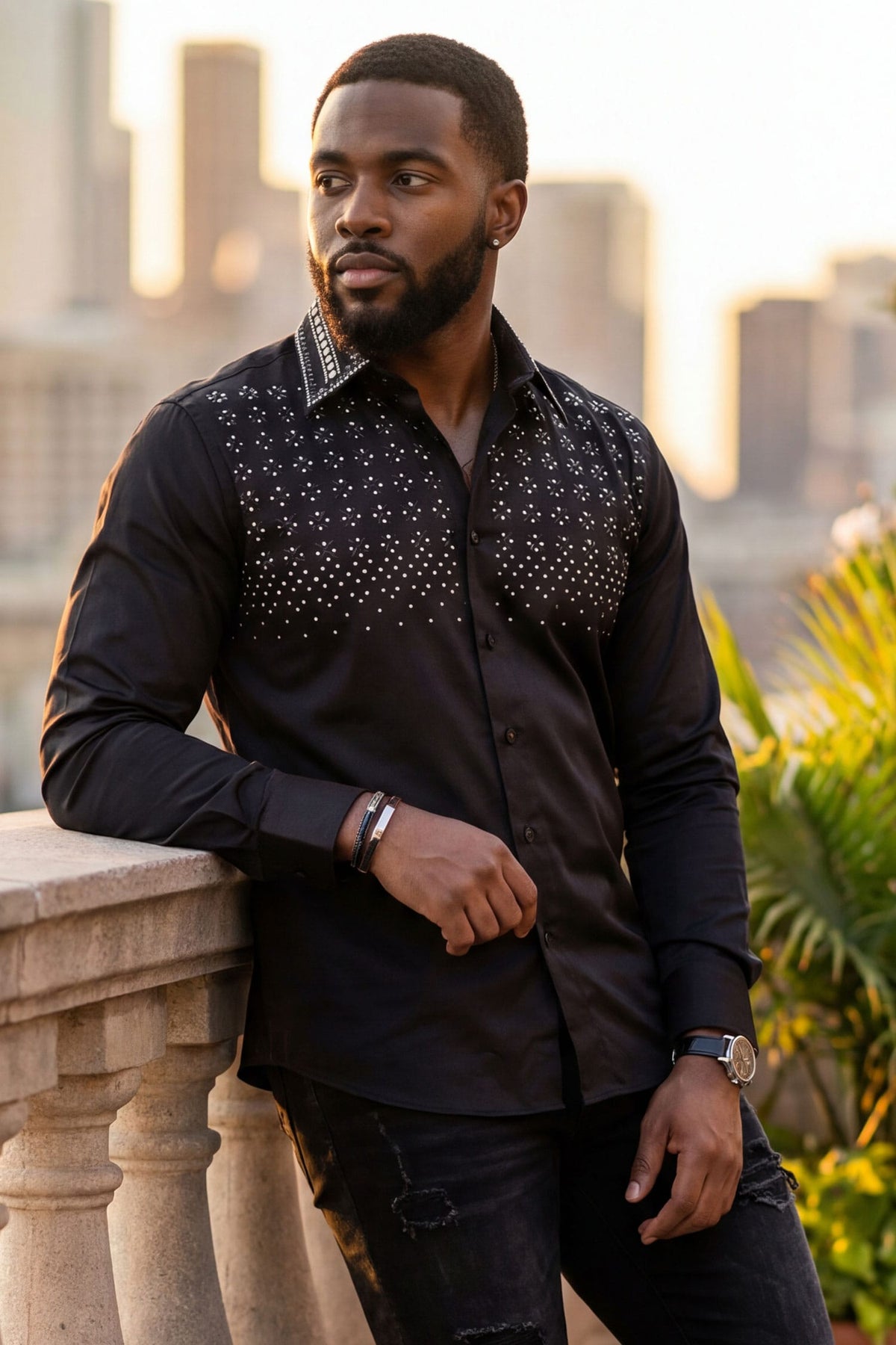 Barabas Men's Rhinestones Button Down Long Sleeve Shirts 4BR412 Black Silver
