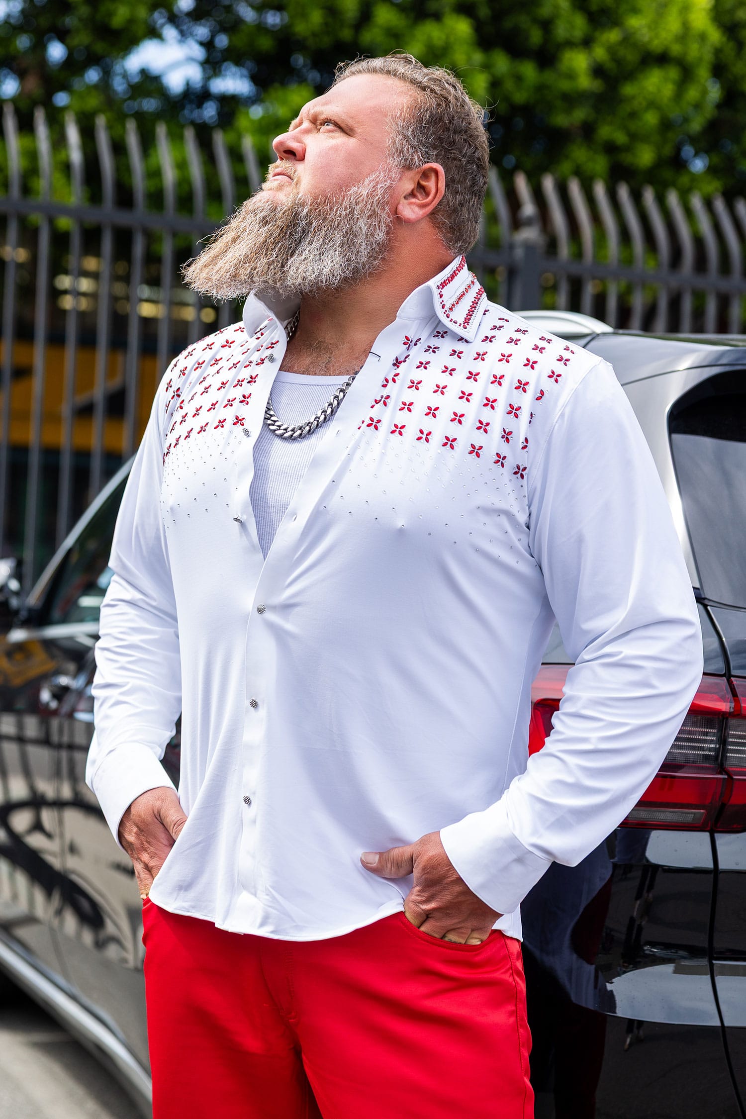 Barabas Men's Rhinestones Button Down Long Sleeve Shirts 4BR412 White Red