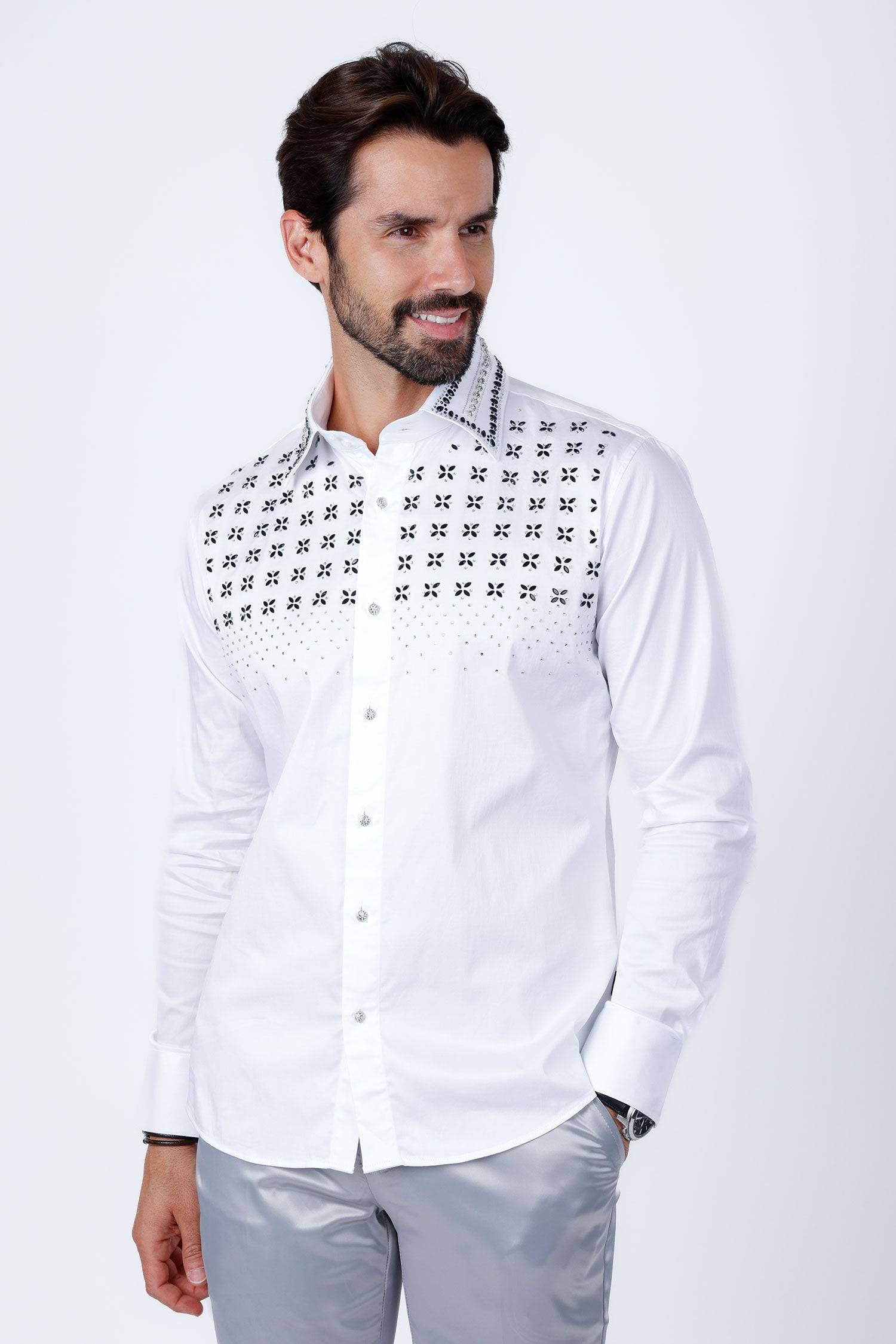 Barabas Men's Rhinestones Button Down Long Sleeve Shirts 4BR412 White Black Silver