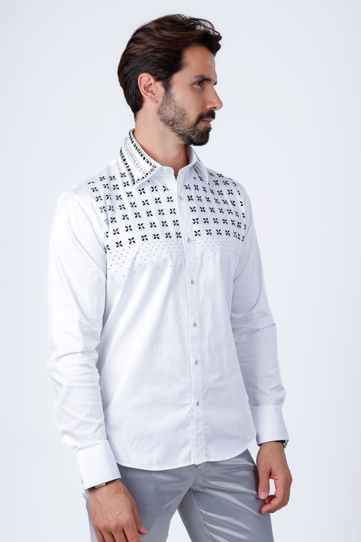 Barabas Men's Rhinestones Button Down Long Sleeve Shirts 4BR412 White Black Silver