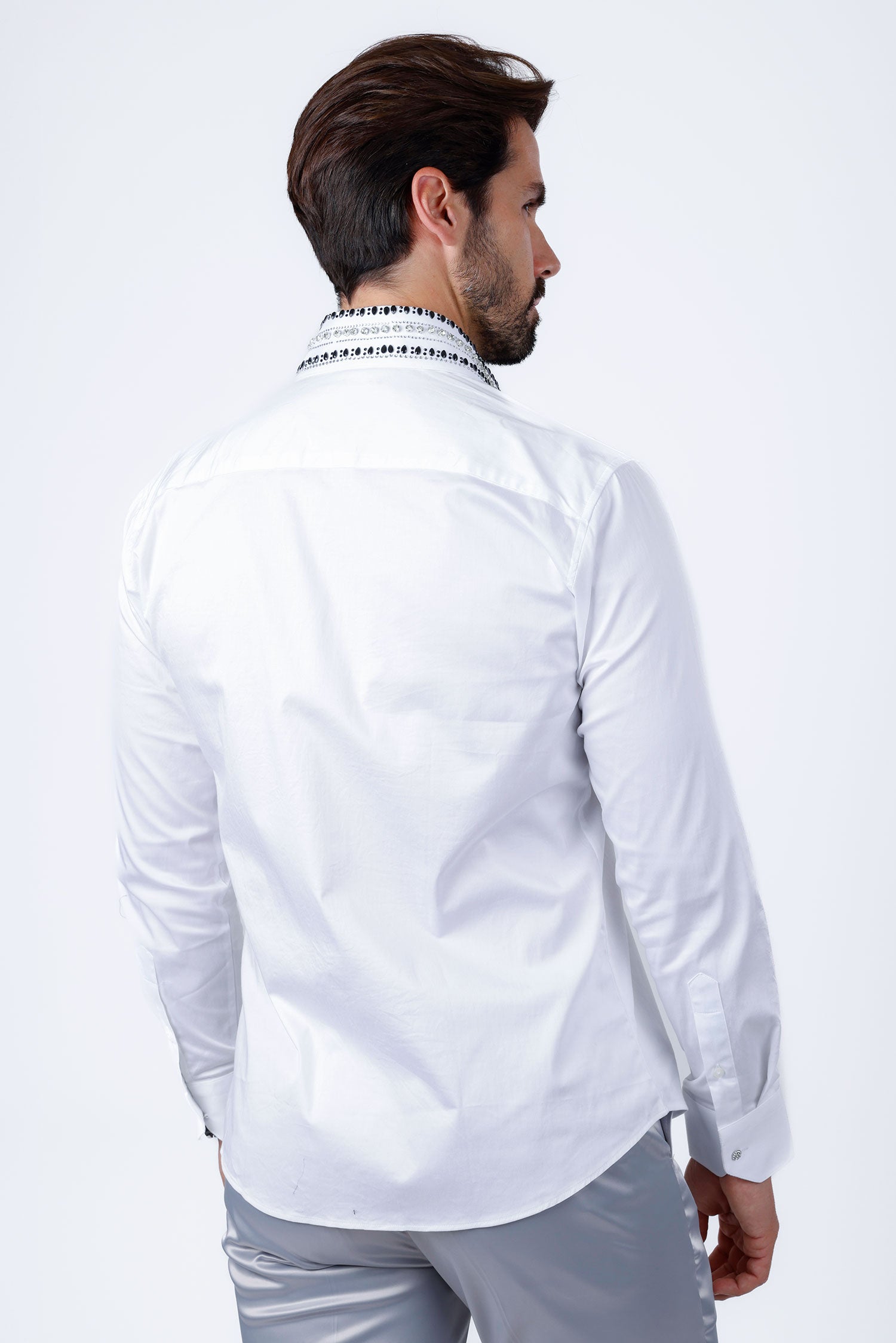 Barabas Men's Rhinestones Button Down Long Sleeve Shirts 4BR412 White Black Silver