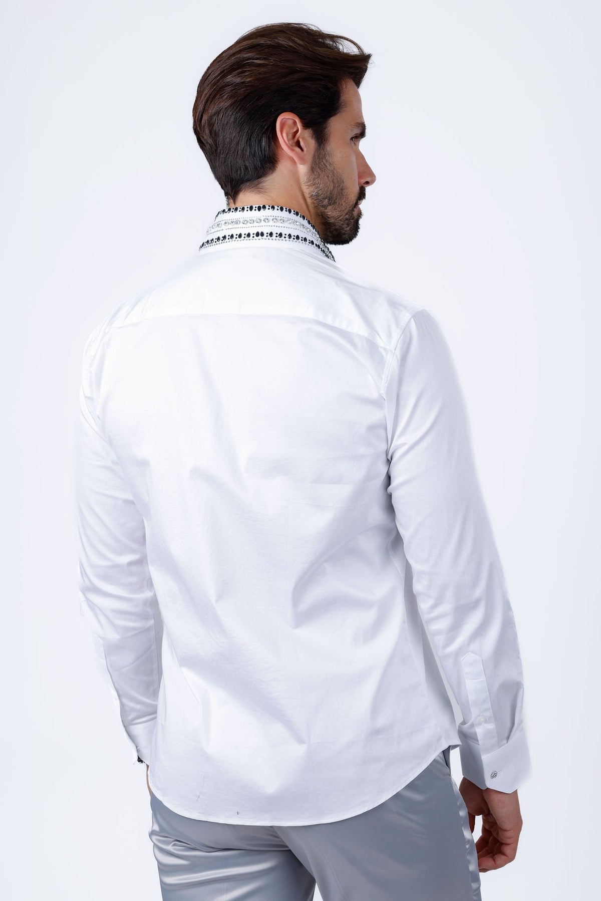 Barabas Men's Rhinestones Button Down Long Sleeve Shirts 4BR412 White Black Silver