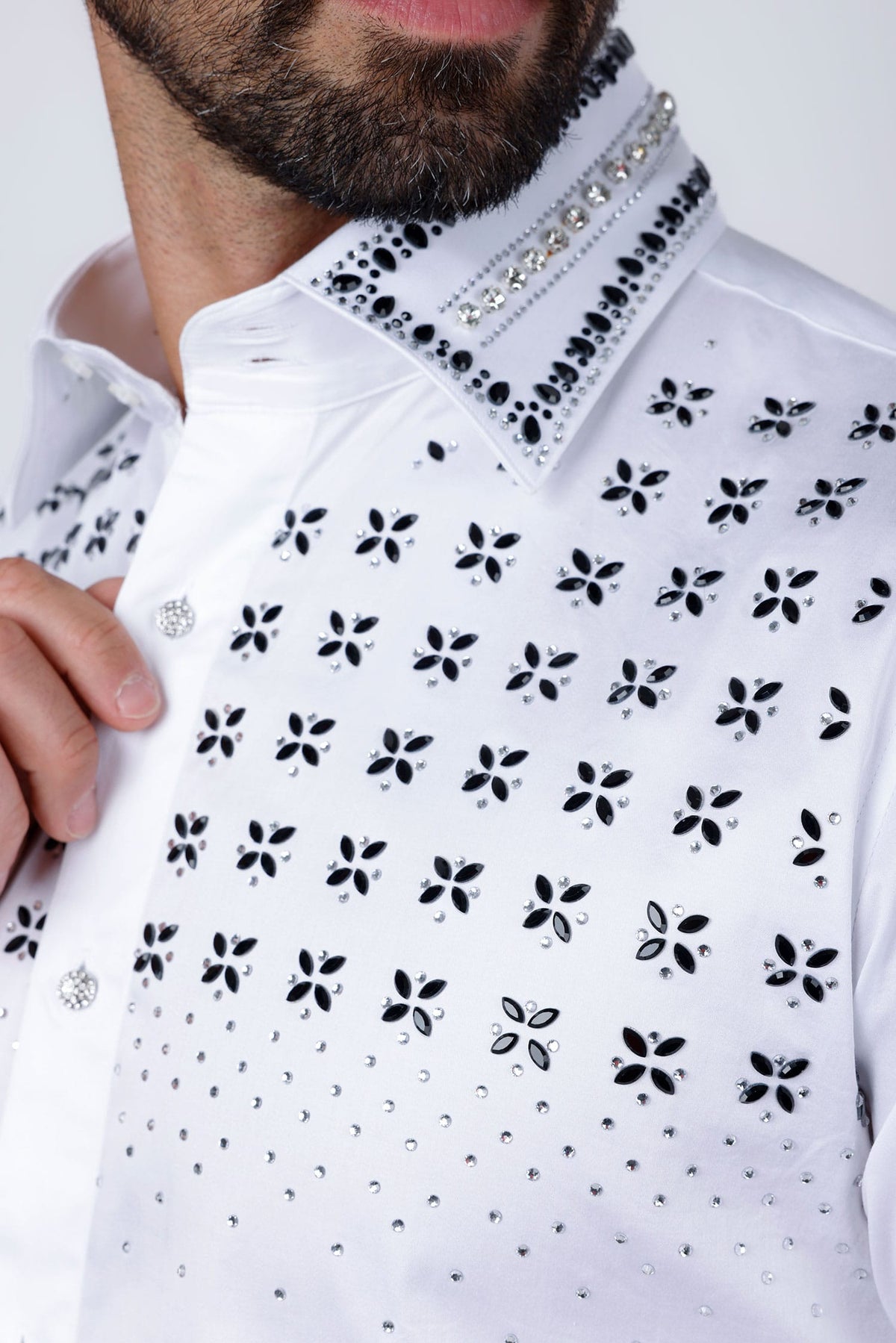 Barabas Men's Rhinestones Button Down Long Sleeve Shirts 4BR412 White Black Silver