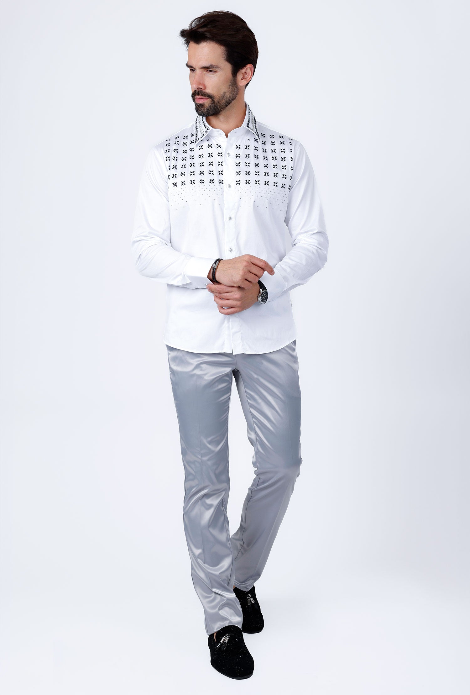 Barabas Men's Rhinestones Button Down Long Sleeve Shirts 4BR412 White Black Silver