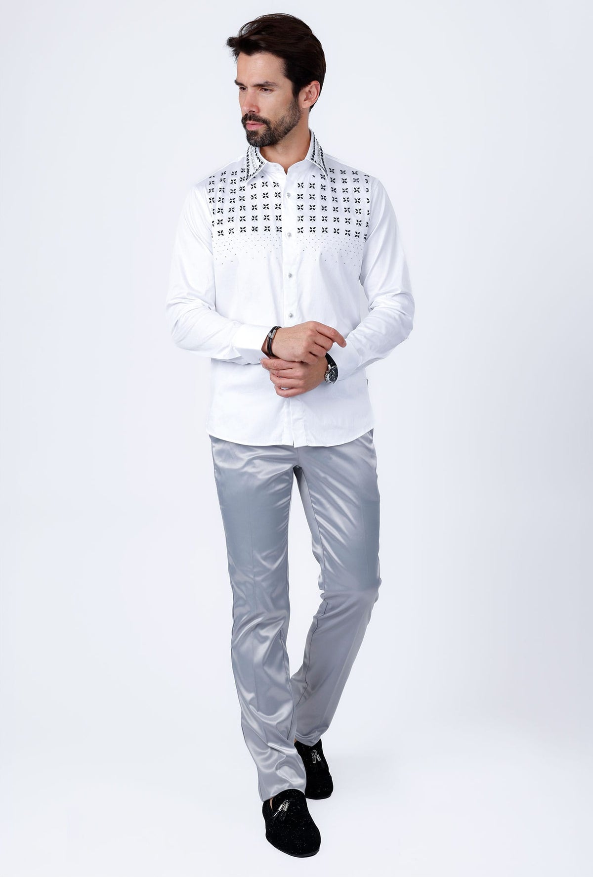 Barabas Men's Rhinestones Button Down Long Sleeve Shirts 4BR412 White Black Silver