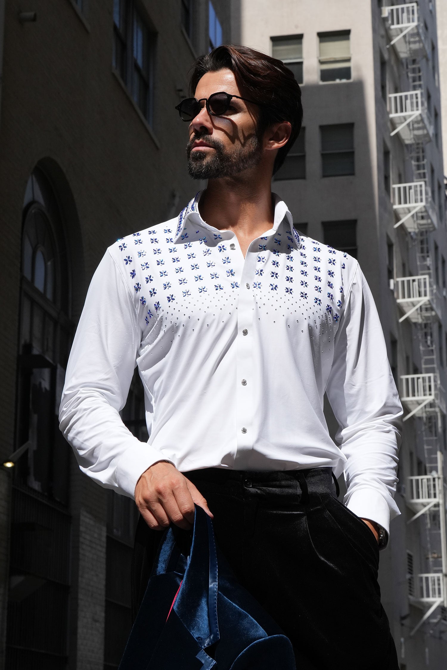 Barabas Men's Rhinestones Button Down Long Sleeve Shirts 4BR412 White Blue