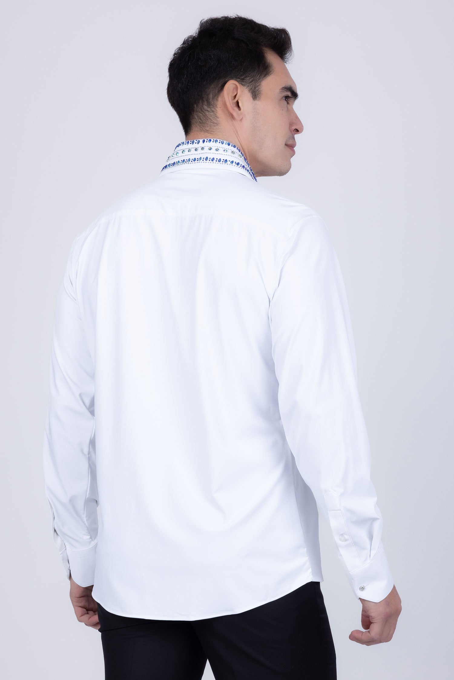 Barabas Men's Rhinestones Button Down Long Sleeve Shirts 4BR412 White Blue