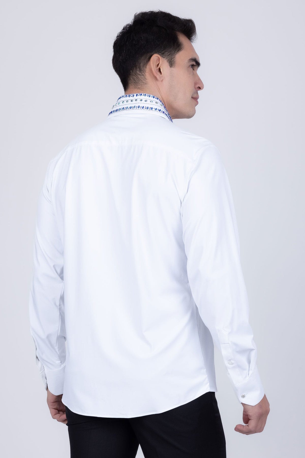 Barabas Men's Rhinestones Button Down Long Sleeve Shirts 4BR412 White Blue