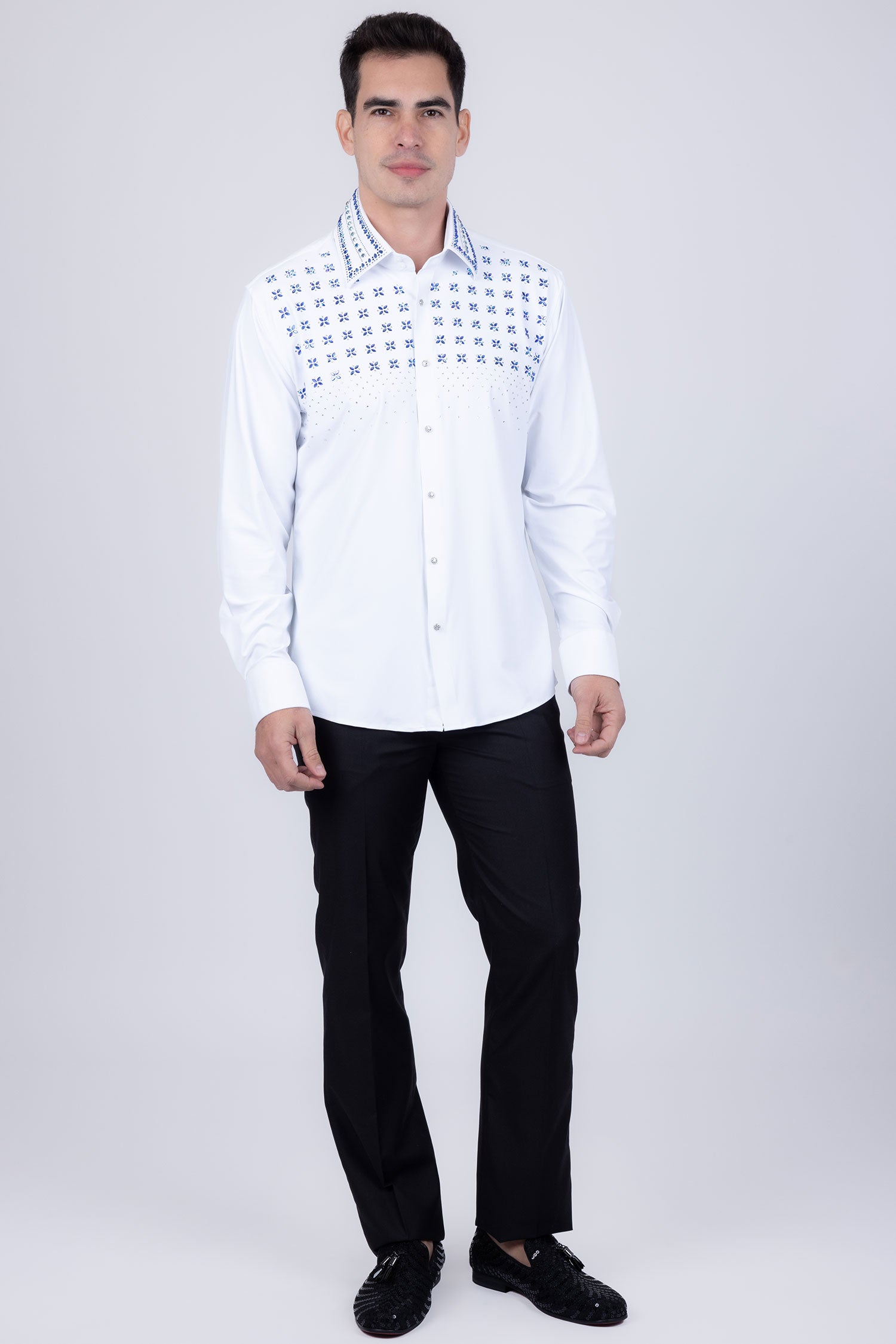 Barabas Men's Rhinestones Button Down Long Sleeve Shirts 4BR412 White Blue