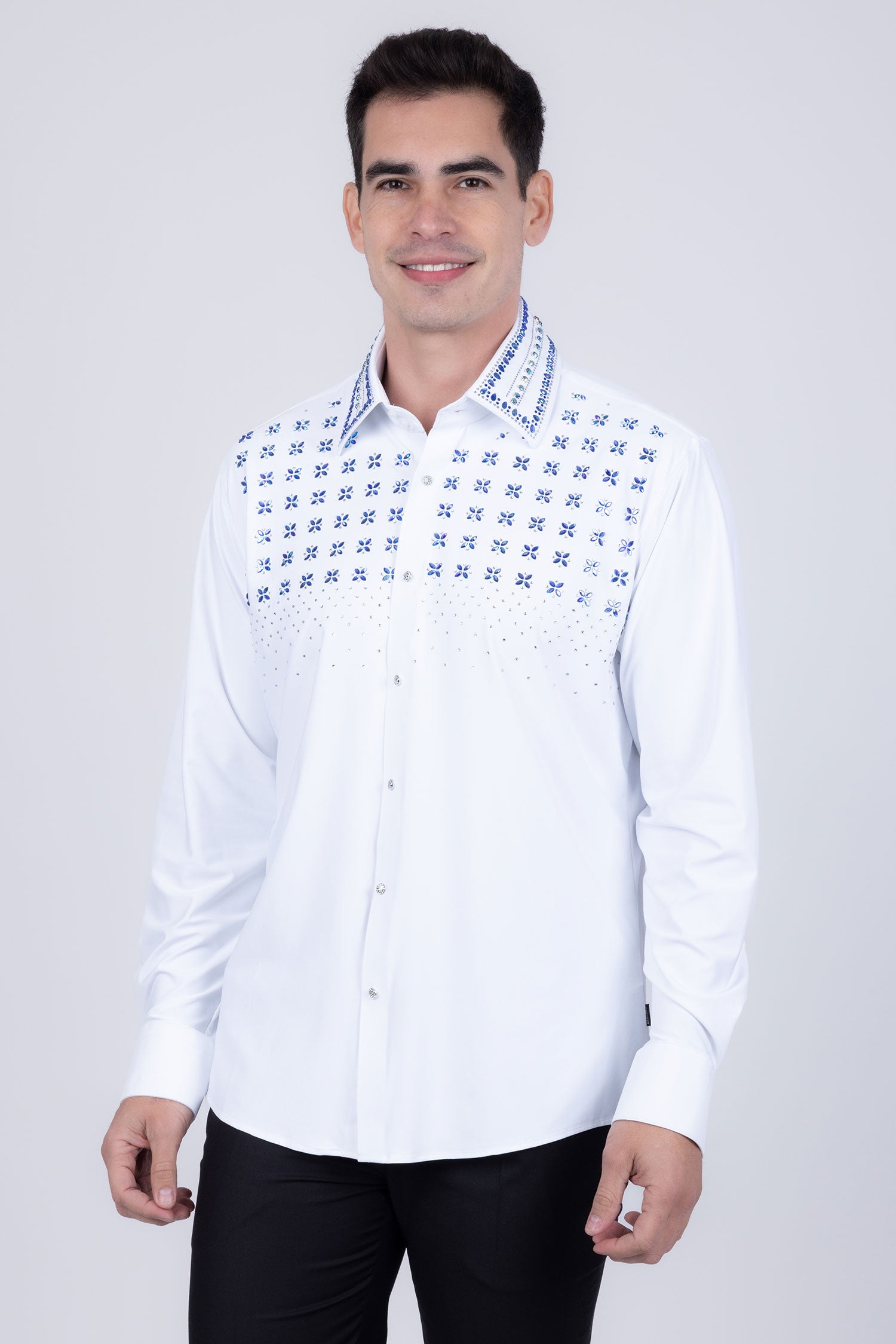 Barabas Men's Rhinestones Button Down Long Sleeve Shirts 4BR412 White Blue