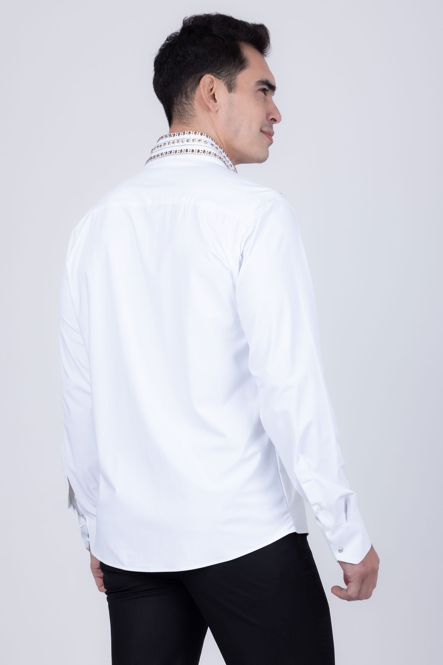 Barabas Men's Rhinestones Button Down Long Sleeve Shirts 4BR412 White Gold