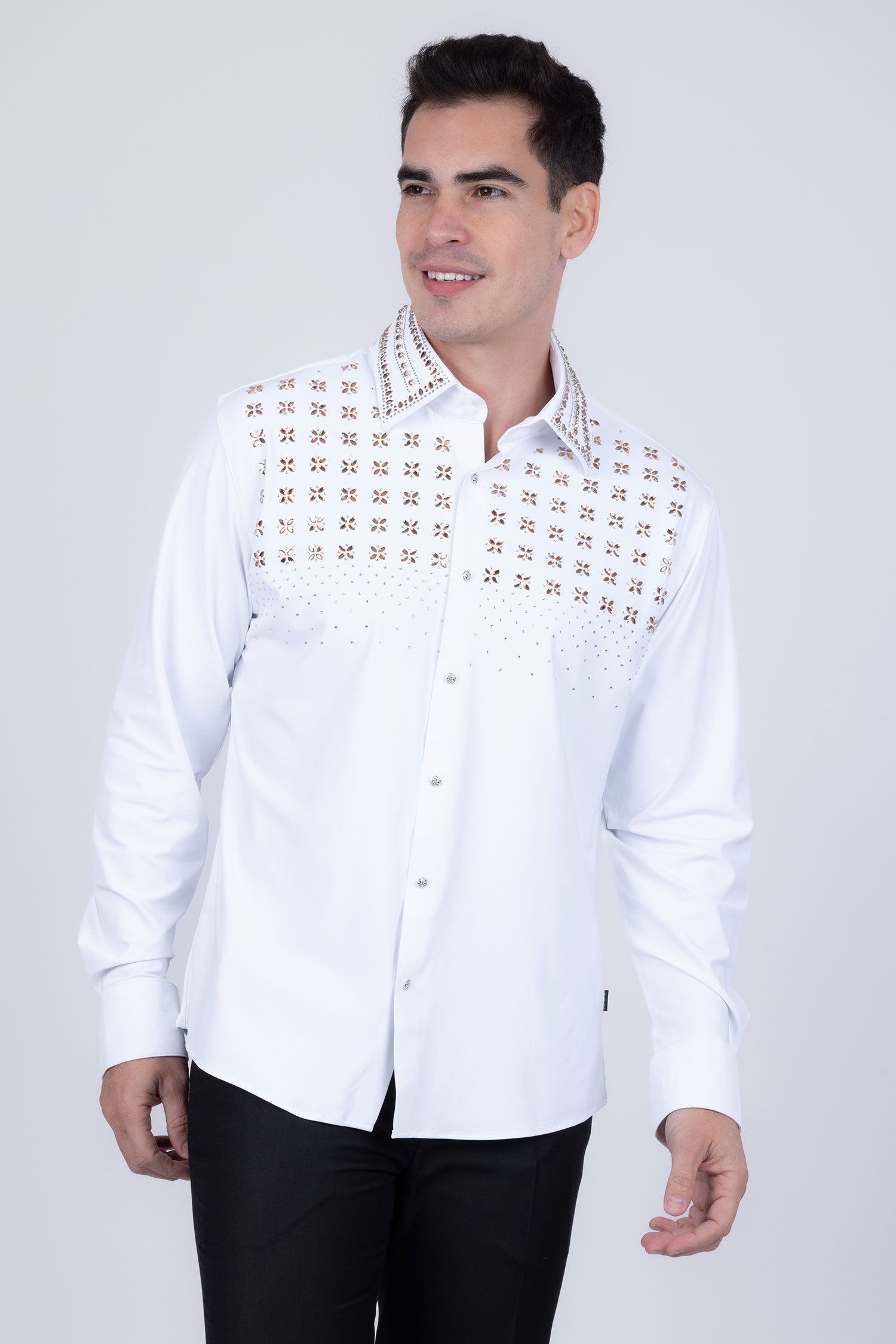 Barabas Men's Rhinestones Button Down Long Sleeve Shirts 4BR412 White Gold
