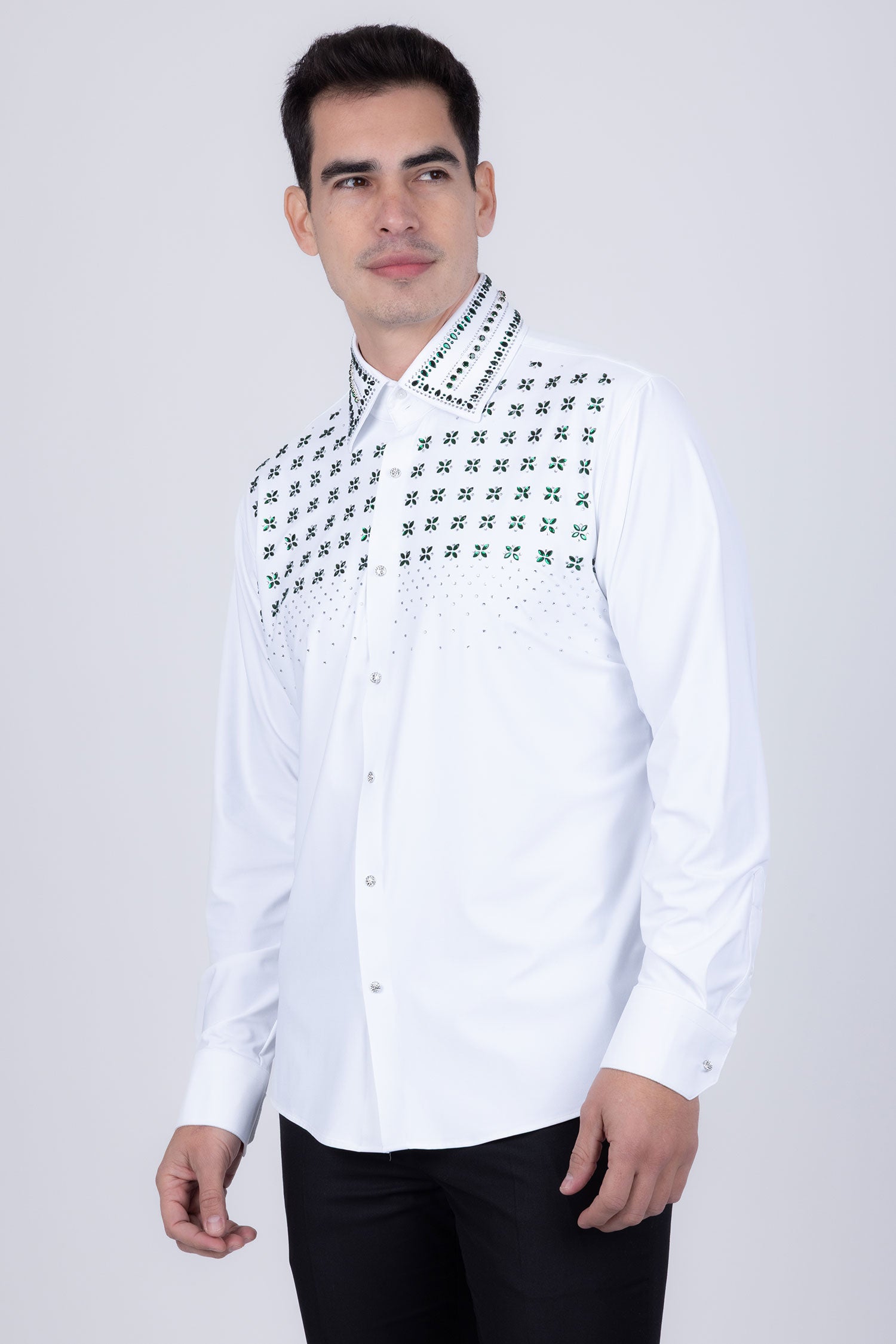 Barabas Men's Rhinestones Button Down Long Sleeve Shirts 4BR412 White Green