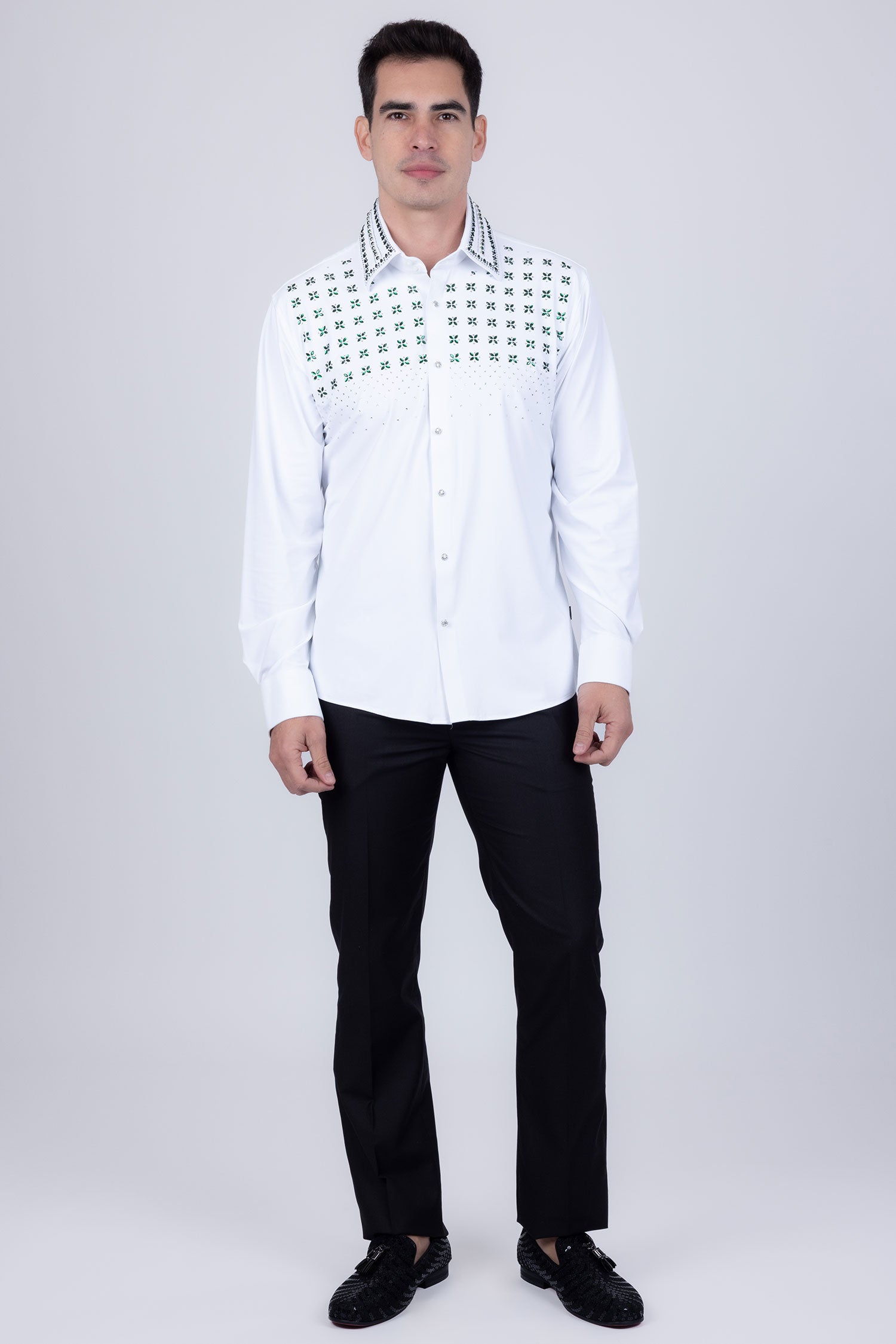 Barabas Men's Rhinestones Button Down Long Sleeve Shirts 4BR412 White Green